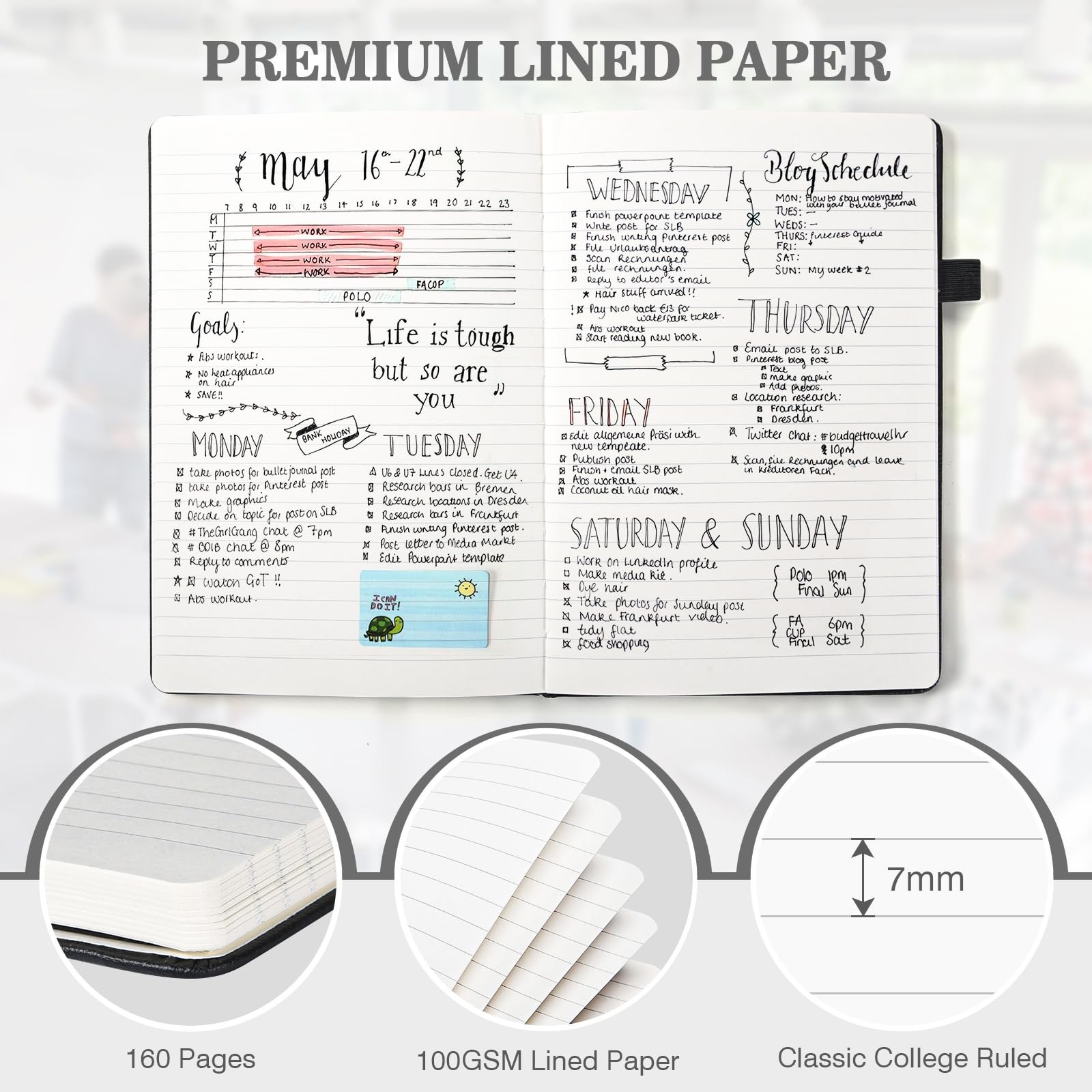 OMEYA Lined Journal Notebook, 3 Pack A5 College Ruled Notebooks for A5, Black
