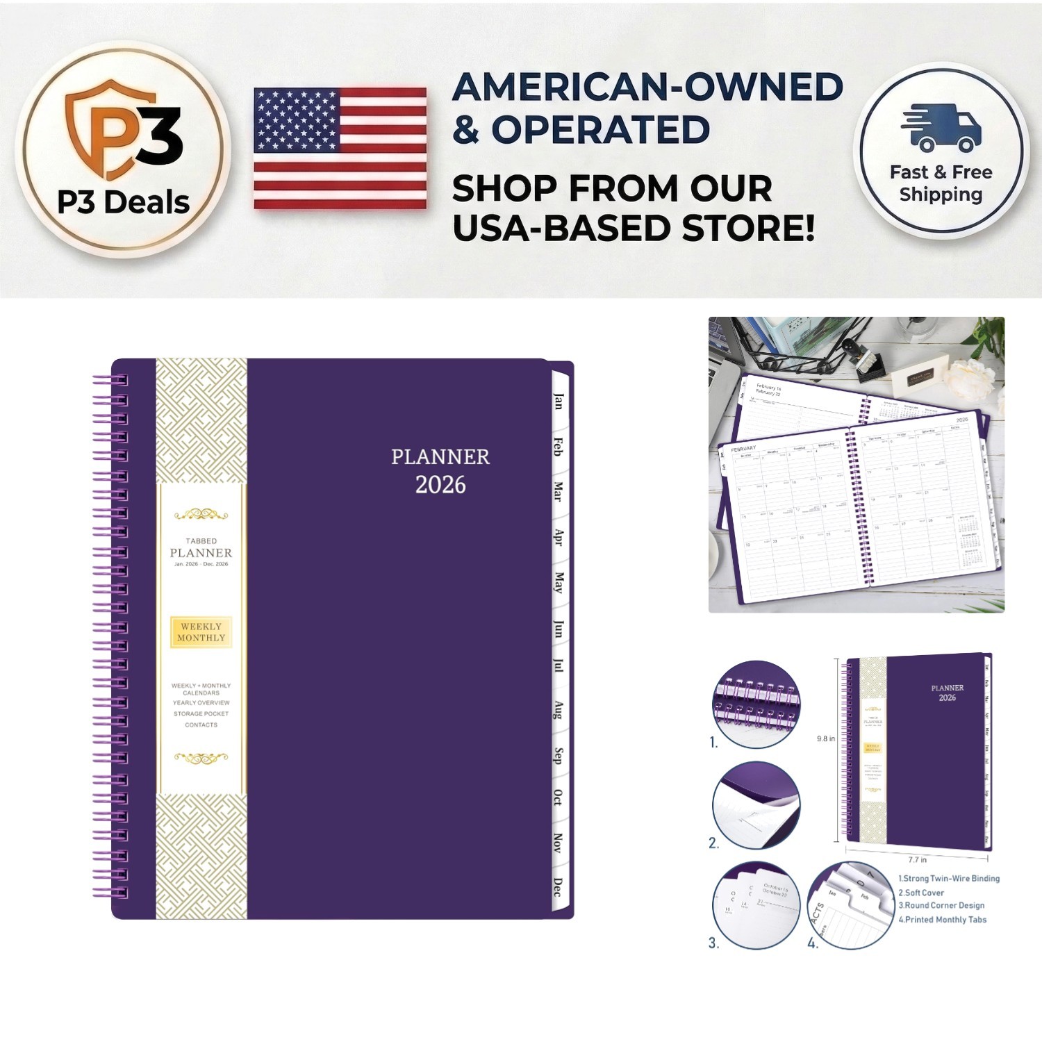 Elegant 2026 Planner with 12 Monthly Tabs – Spiraled & Waterproof Cover