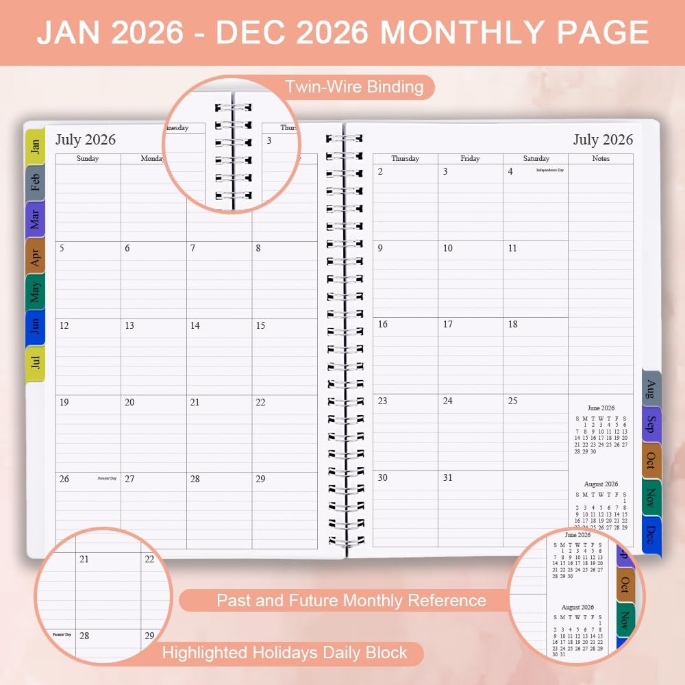 2026 Planner, 12 Monthly Tabs, 14 Notes Pages, Inner Pocket, Flexible Cover