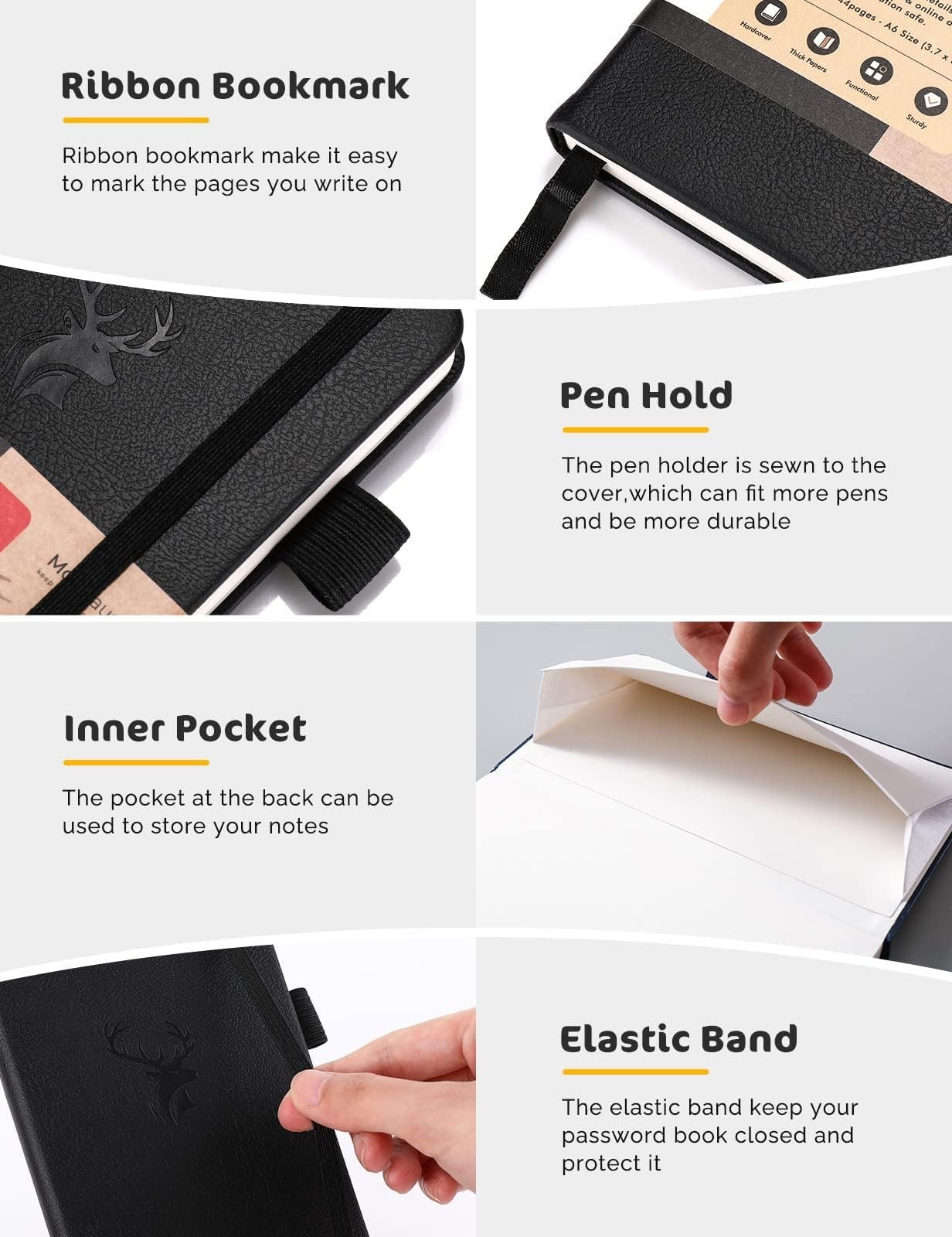 Password Book Alphabetical Tabs Internet Log In 144 Pages Black Faux Leather 6.1