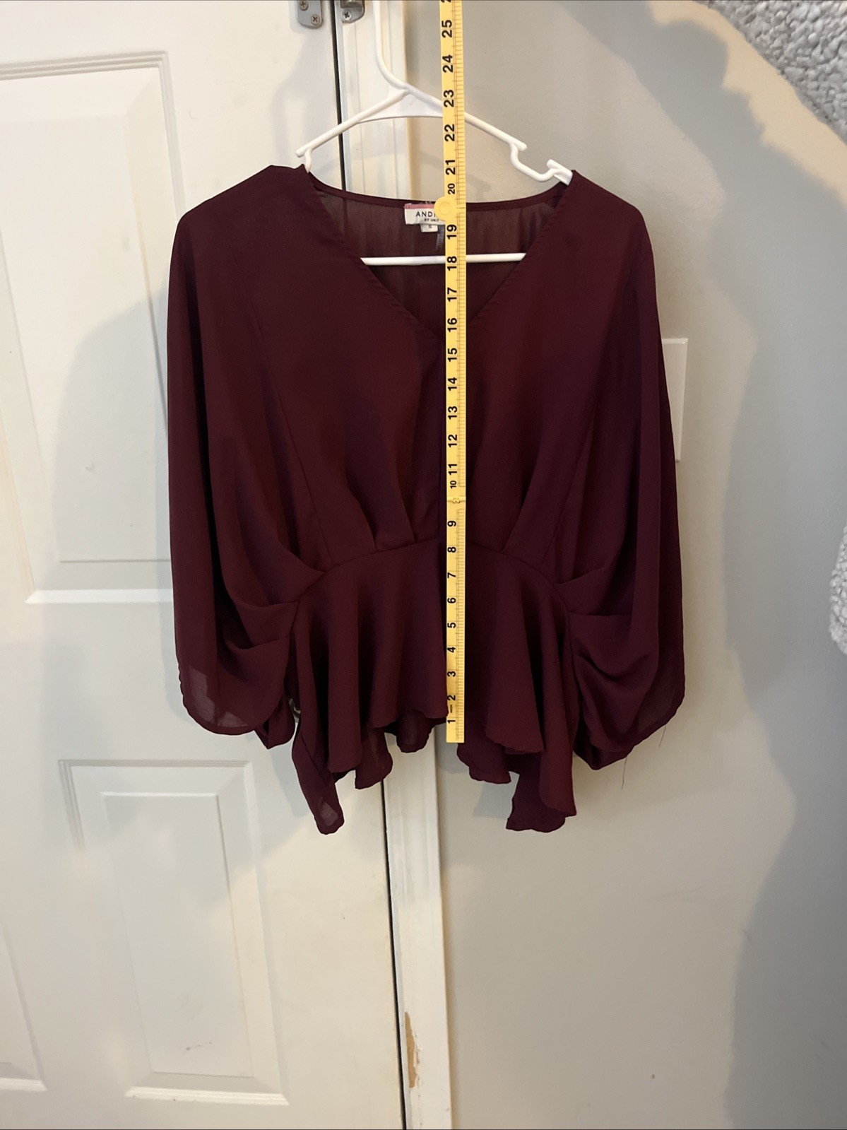 Andree by Unit Burgundy Wine Peplum Top 3/4 Sleeve Small Ruffle Detail Boho