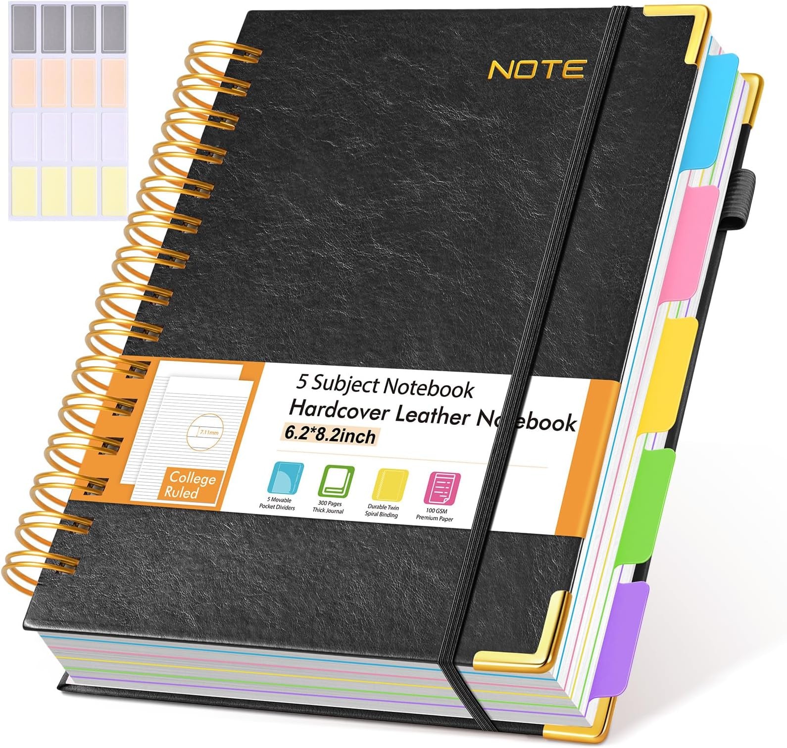 Hardcover Spiral Notebook with Removable Dividers Tabs, 300 pages Leather 5 S…