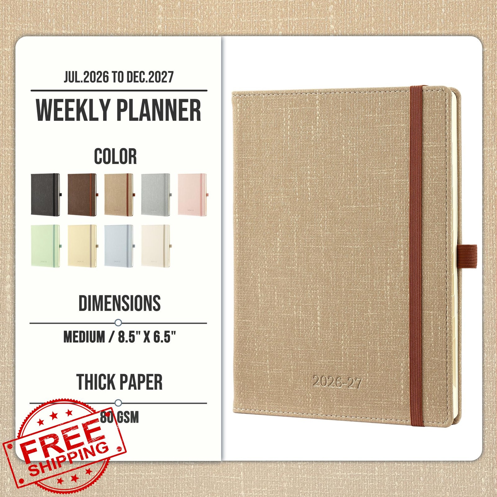 IN-LUXPRO Planner 2026-2027 Khaki Medium-6.5″ x 8.5″ Horizontal