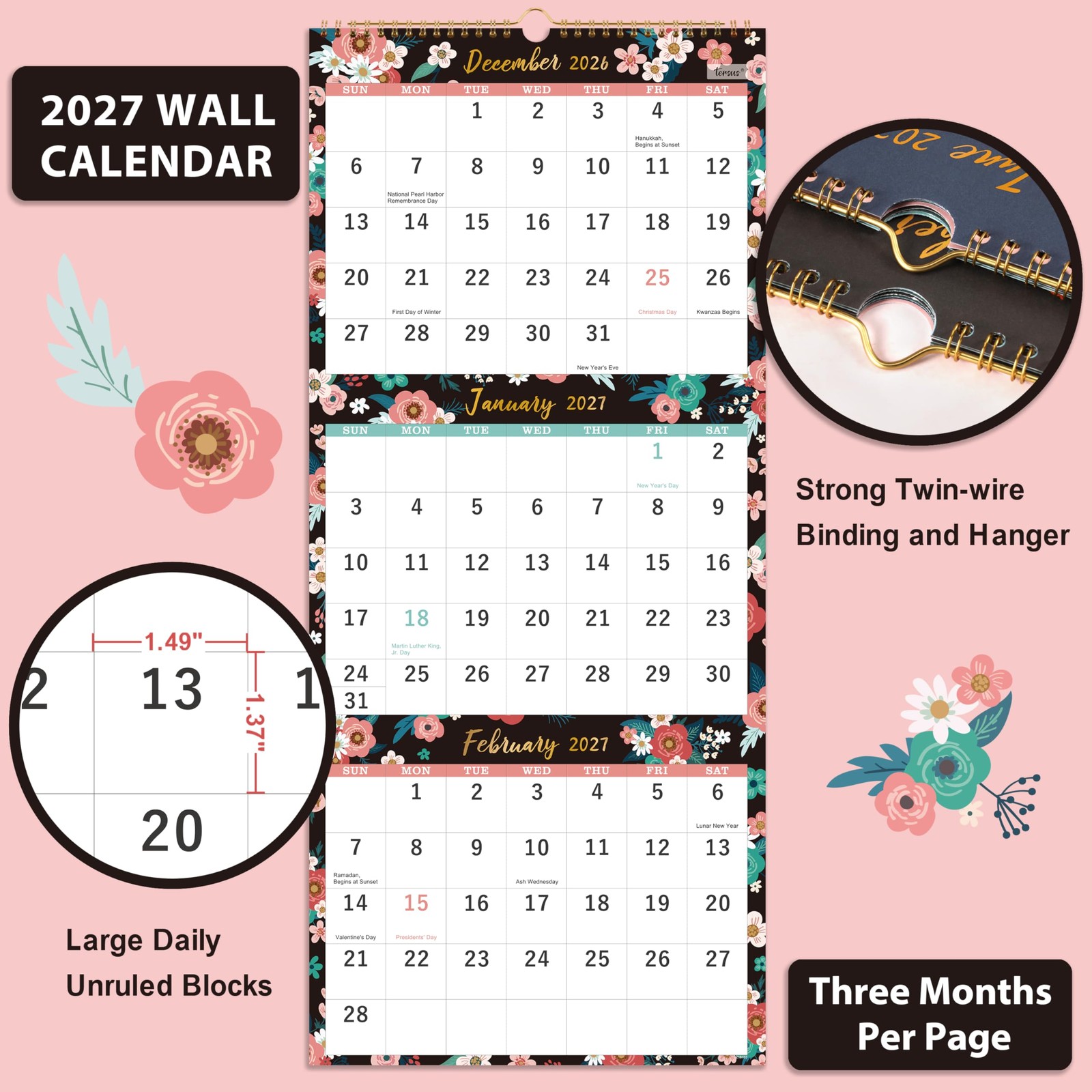2027 Wall Calendar – 3-Month Display Vertical Calendar, 2027 11″ x 26″, Black