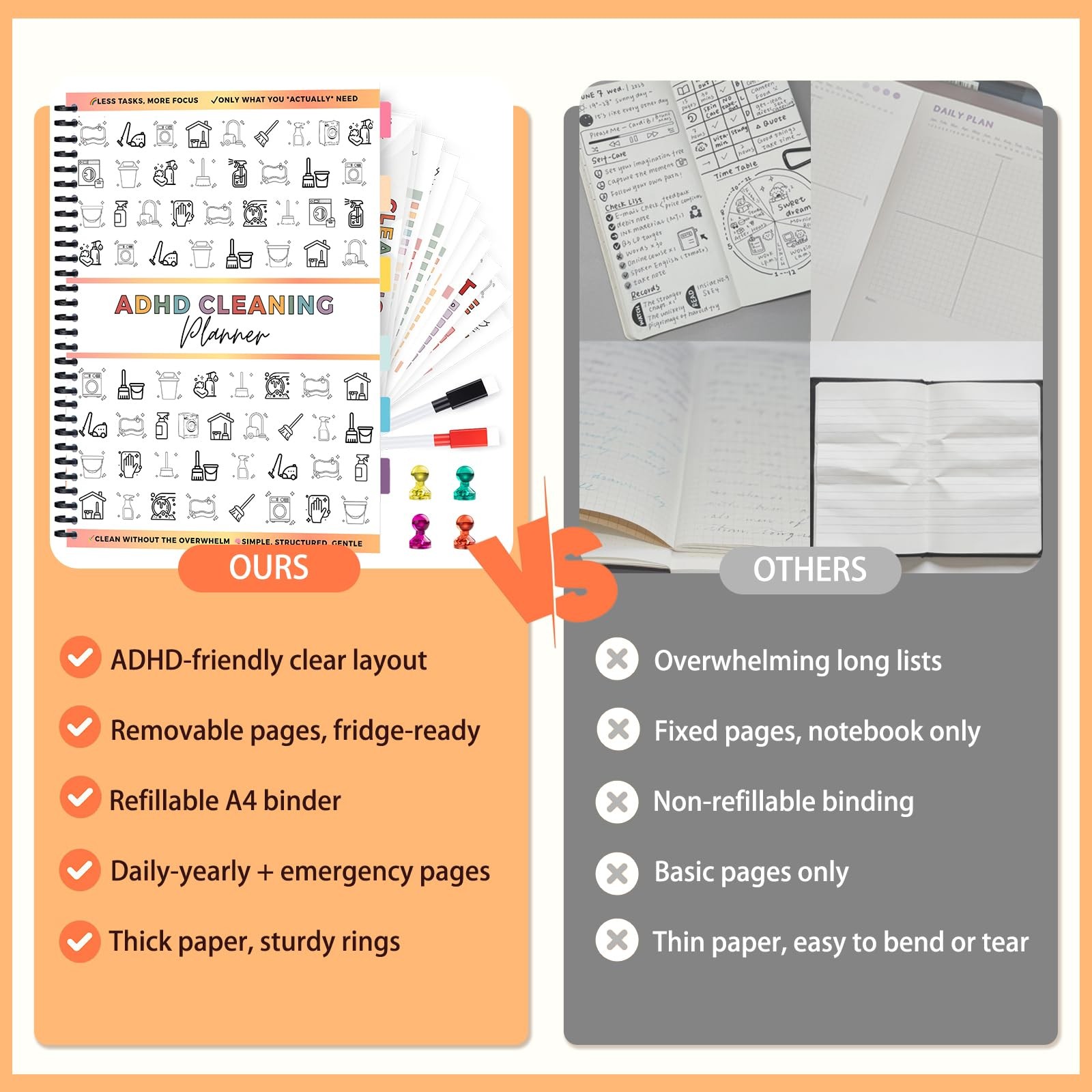 ADHD Cleaning Planner, DryErase Sleeve + Paper Pages, Removable Ring Binder, …