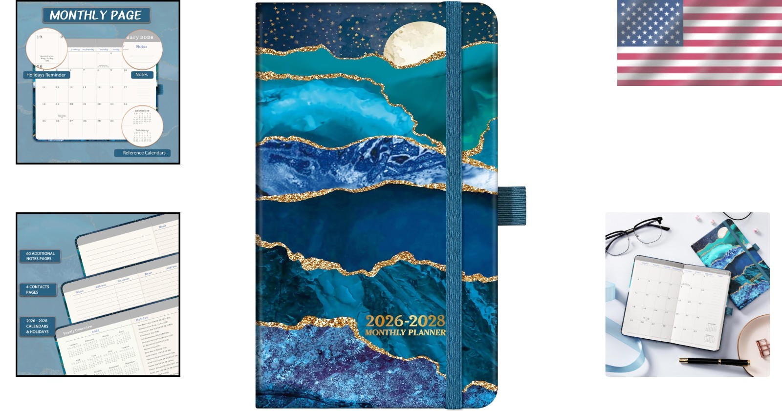 Elegant 3- Pocket Planner 2026-2028 – Compact Monthly Organizer 6.4″ x 3.8″