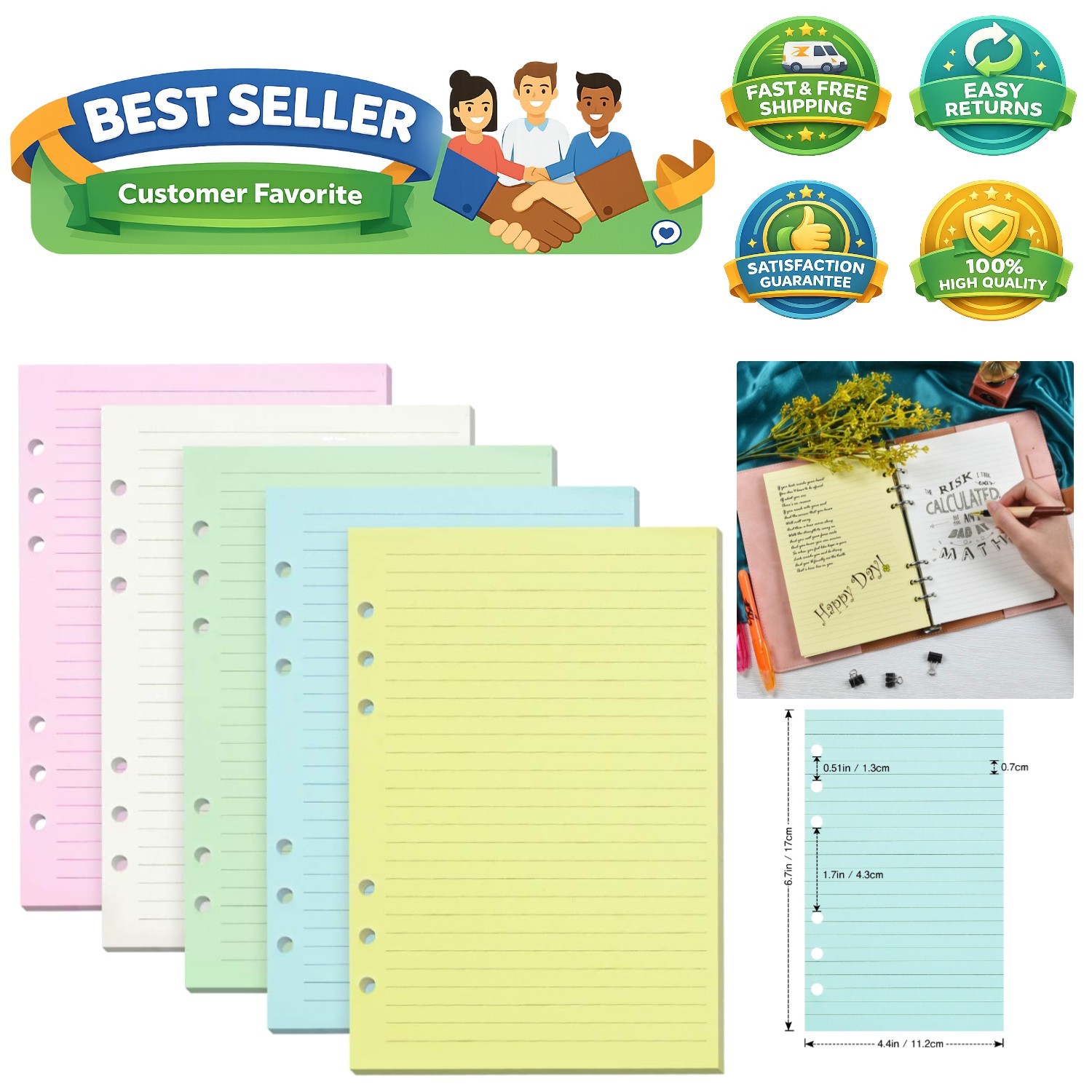 Lined Refill Paper, 200 Colored Ruled Pages for A6 Refillable 6-Ring Binder N…