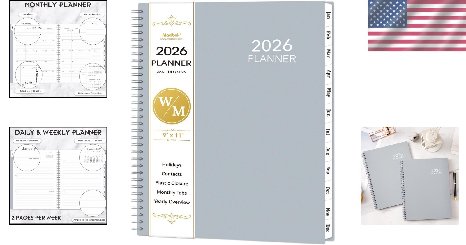 Spiral Bound 2026 Planner: 9″ x 11″ Monthly & Weekly Layout with Tabbed Sections