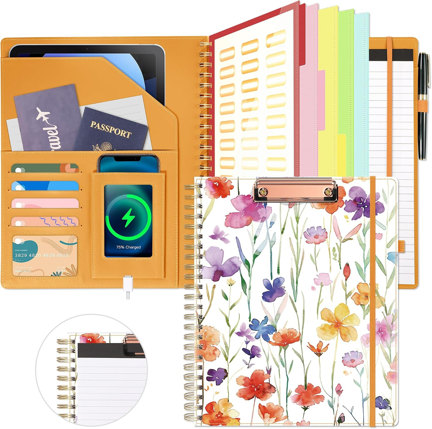 Clipboard with Storage for Women, Leather Padfolio Portfolio Organizer 5 Folders