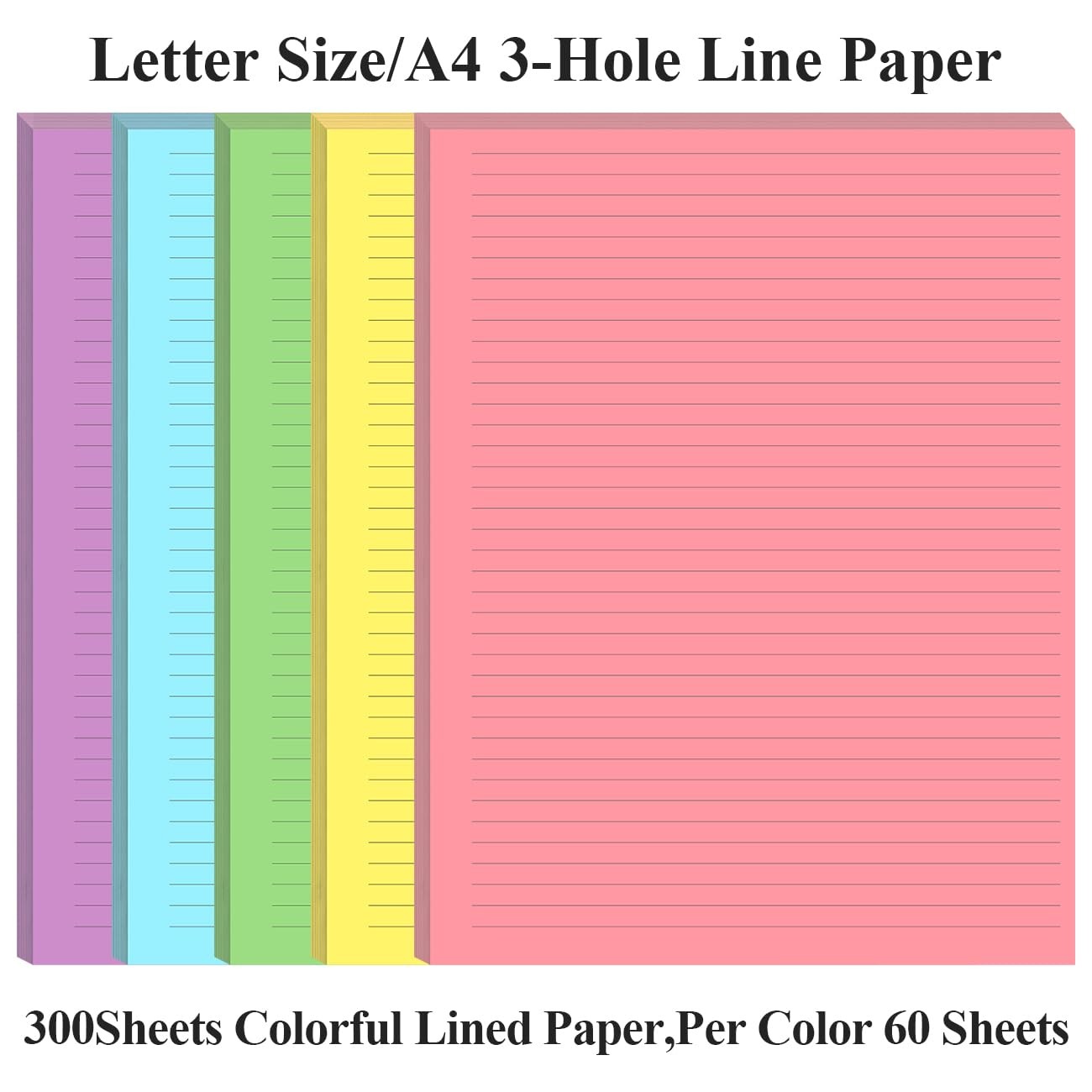 Yaridar 3-Pack Colorful Unpunched Lined Paper – 300 Sheets/600 Pages Loose Leaf