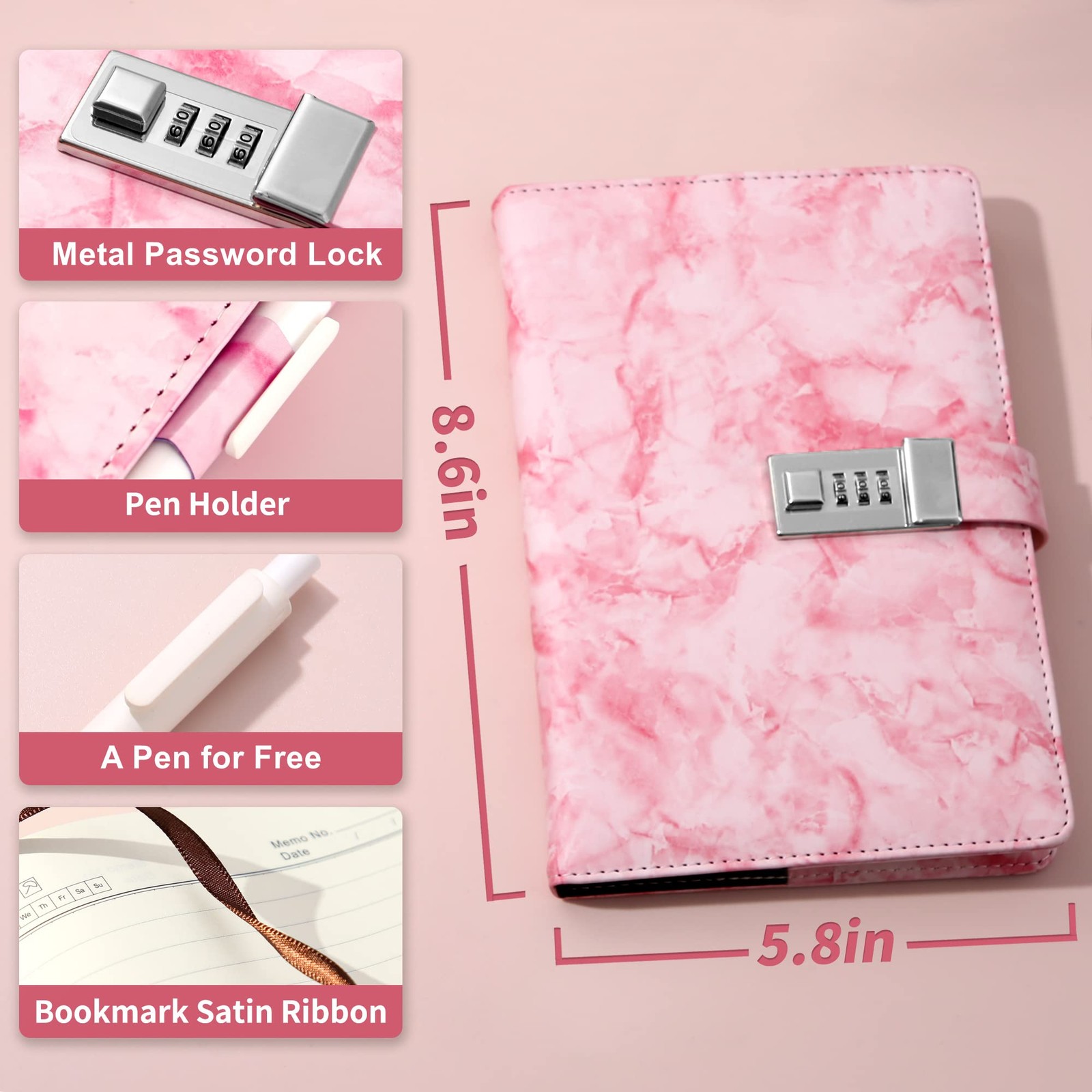 Marble Diary with Lock 192 Pages A5 Waterproof Journal for Girls – Secret Gift