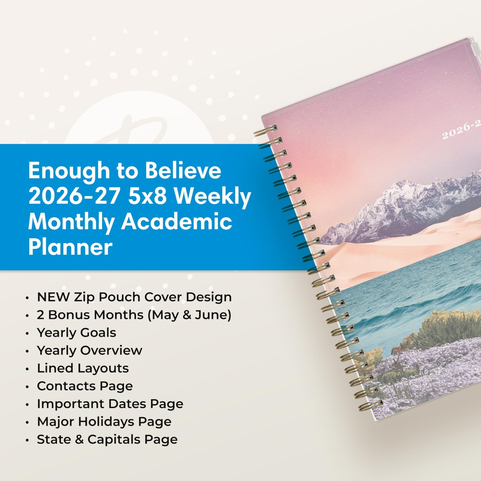 2026-2027 Academic Year Planner Calendar, Weekly & Monthly, 5″x8″, Zip Pouch, Wi