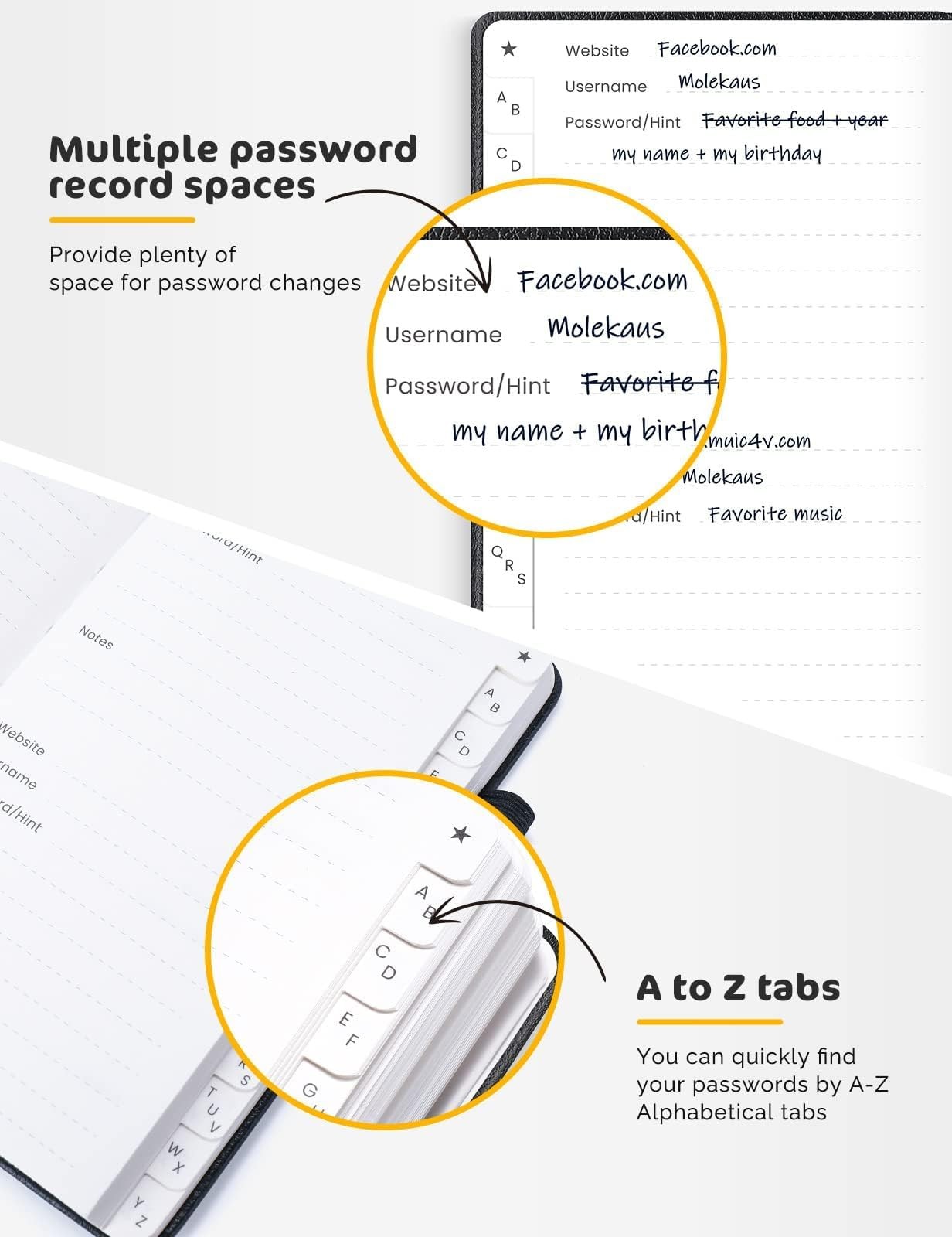 Password Book Alphabetical Tabs Internet Log In 144 Pages Black Faux Leather 6.1