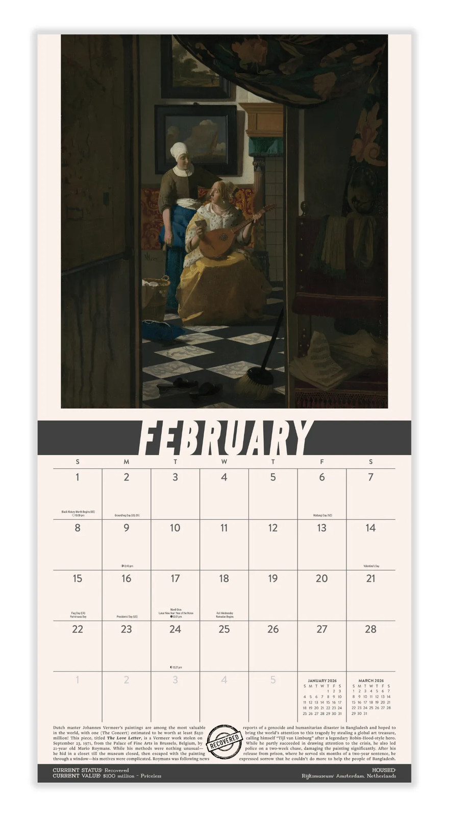 Stolen Art Calendar 2026 | 12″ x 24″ 12 Month Calendar | Marble City Press