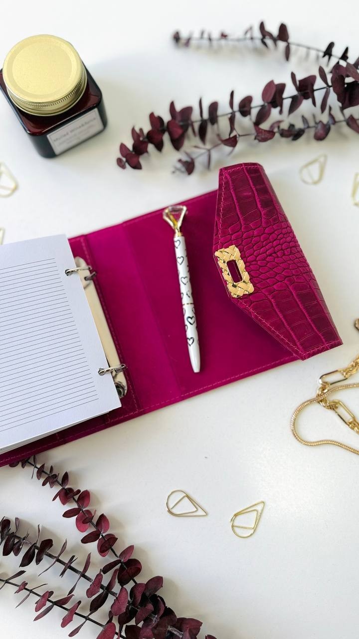 Pink leather notebook cover A7 binde rings mini wallet. Dated planner gift.