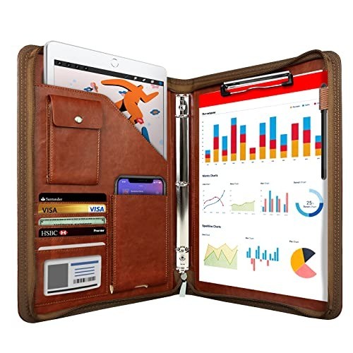 Zippered Portfolio Organizer, Leather Padfolio with 3 Ring Binder, Professional