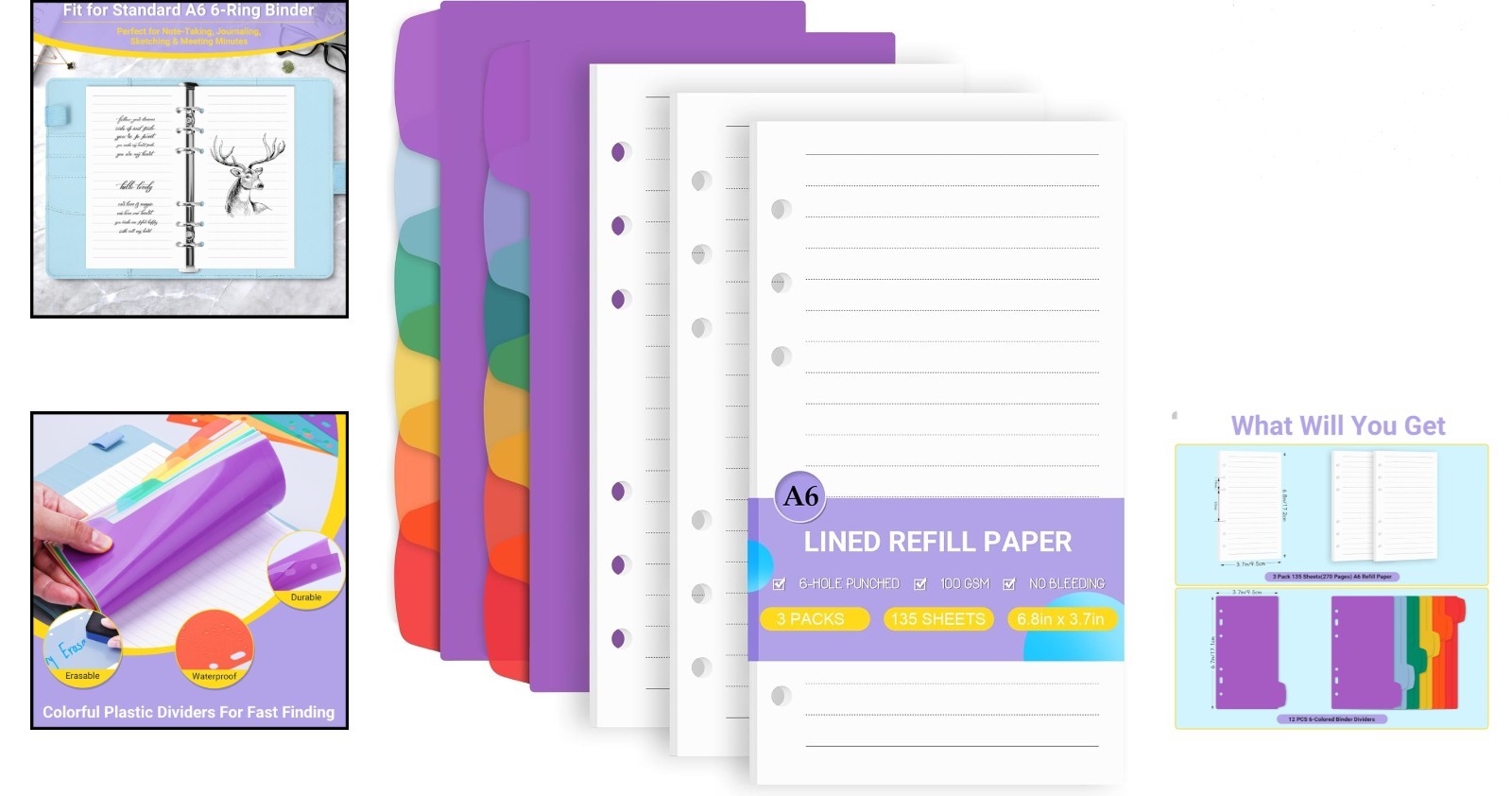 A6 Refill Paper 135 Sheets with 12 Dividers for 6-Ring Binders Notebook Journal