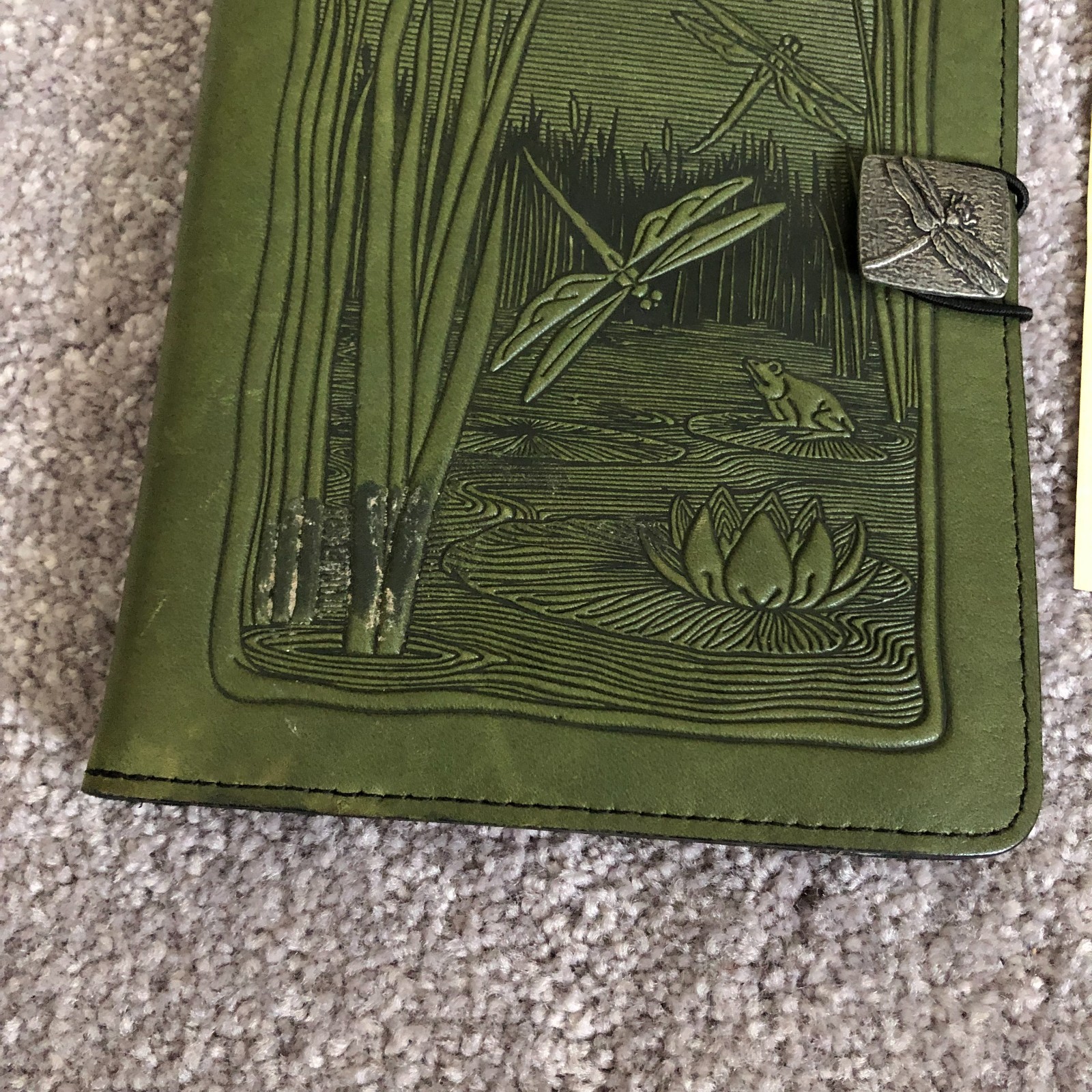 Oberon Design Green leather Dragonfly cat tails E reader cover Journal 8×5