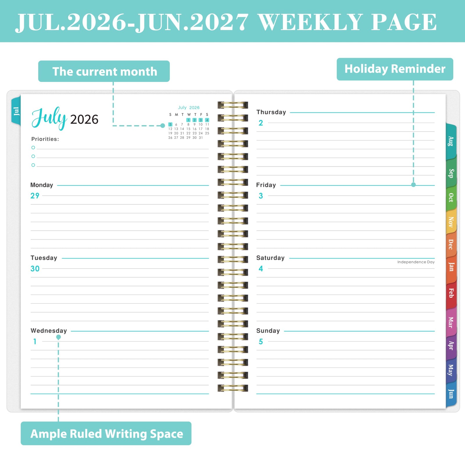 2026-2027 Academic Planner – Jul 2026-Jun 2027 Weekly & 6.4″x8.5″, green