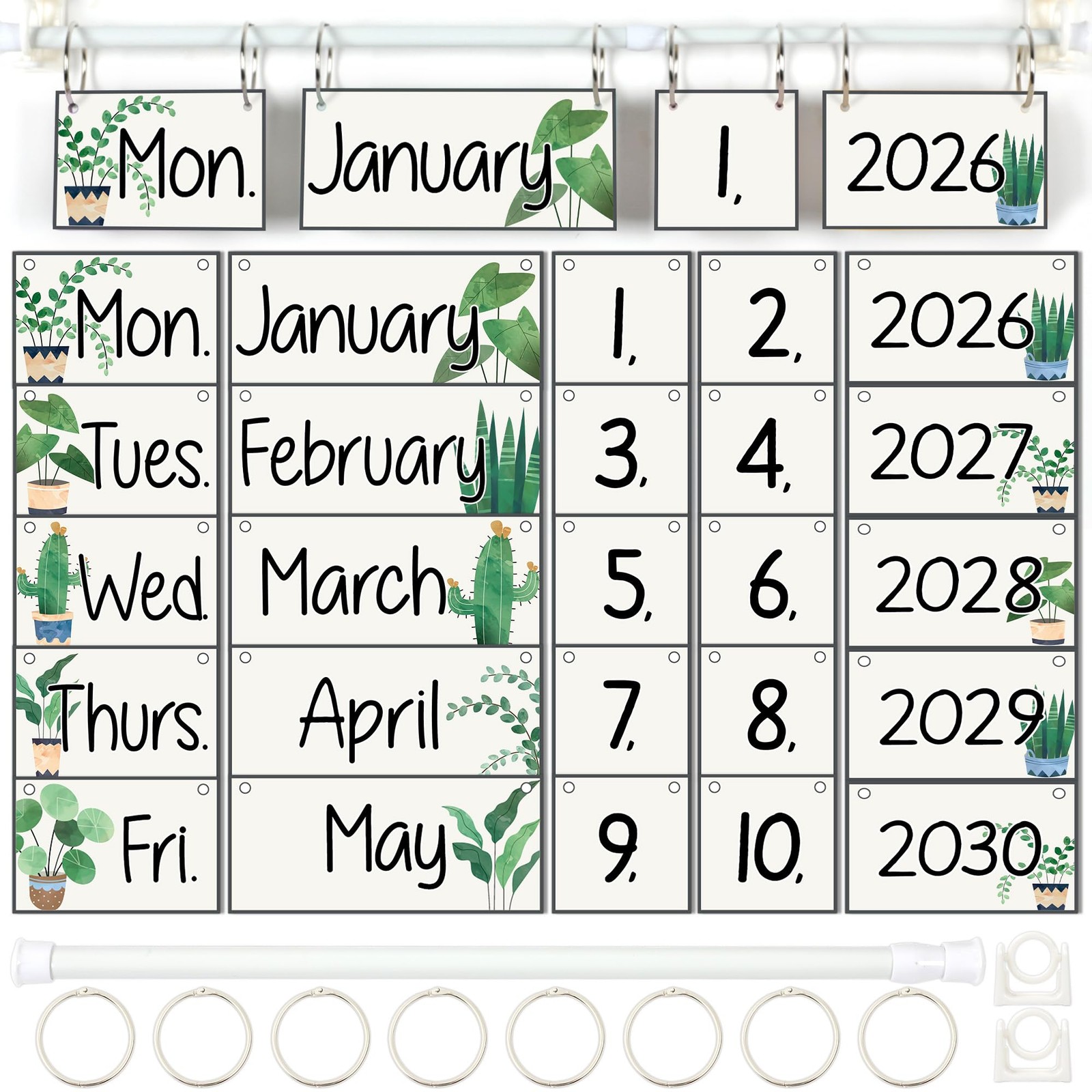 Greenery Flip Calendar Bulletin Board 20262030 Date Cards Adjustable Rod