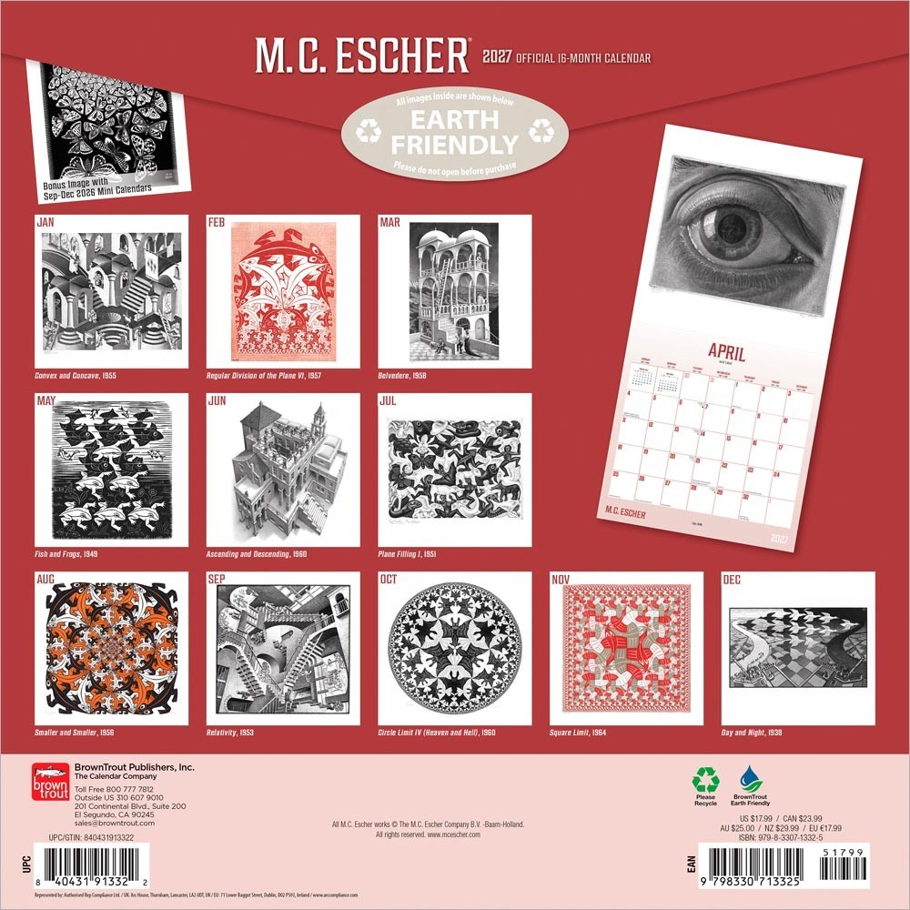 M.C. Escher OFFICIAL | 2027 12×24″ (Hanging) Square Wall Calendar | Plastic-Free