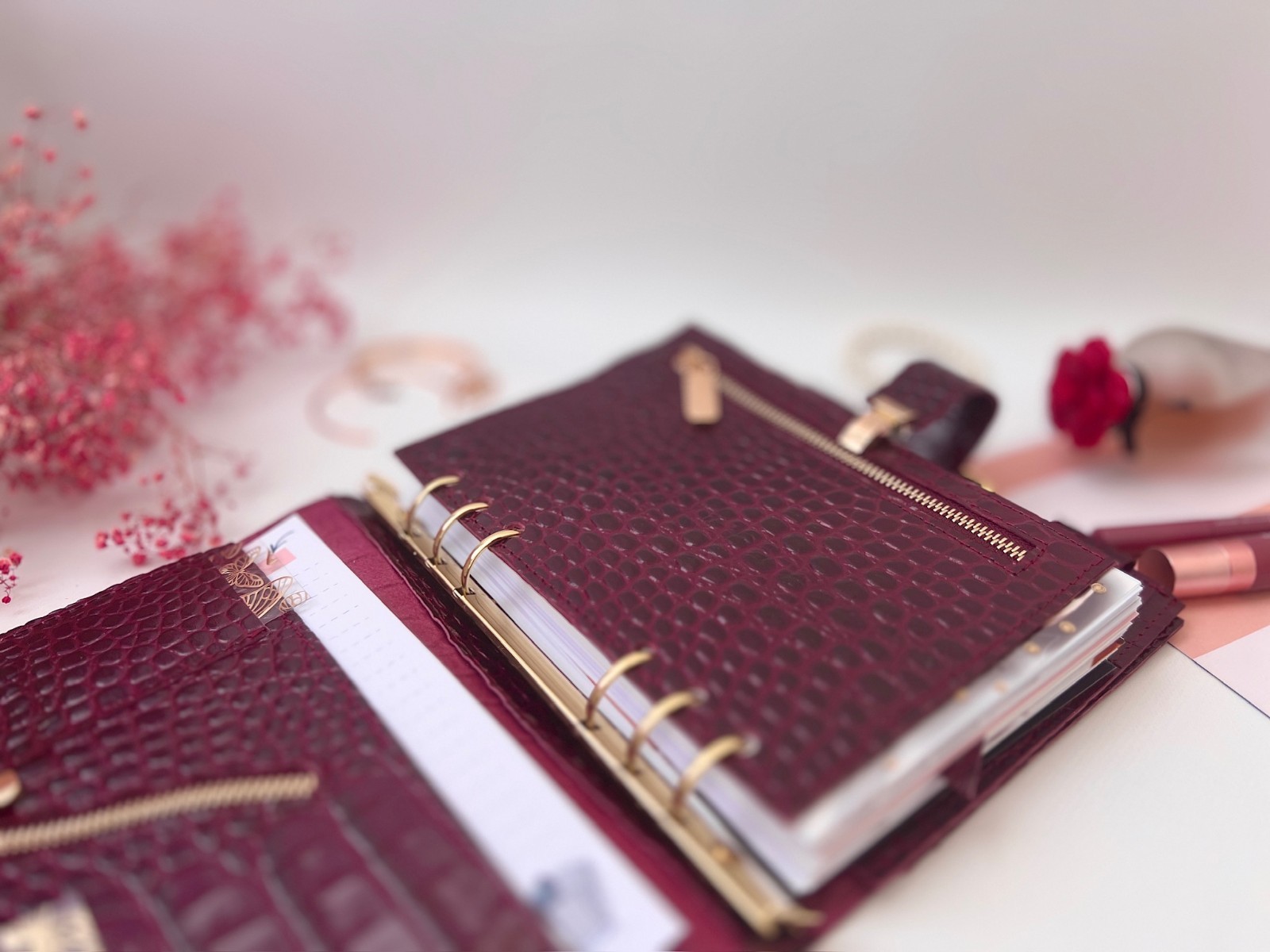 Burgundy Leather notebook cover A5 big binder 6 rings. Dated 2026 Planner.