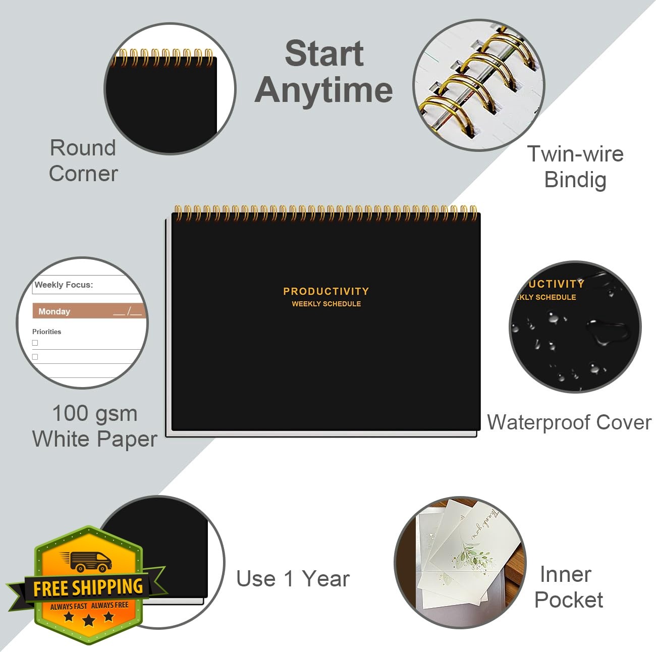 Yaridar Weekly Planner 8×11 Black Habit Tracker