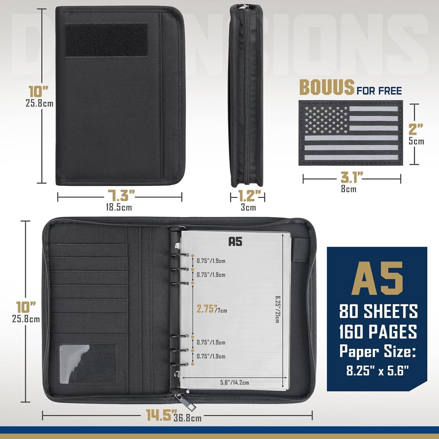 Tactical Notebook Padfolio Ring Binder – Refillable 6-Ring A5 Binder, Zip Hardco