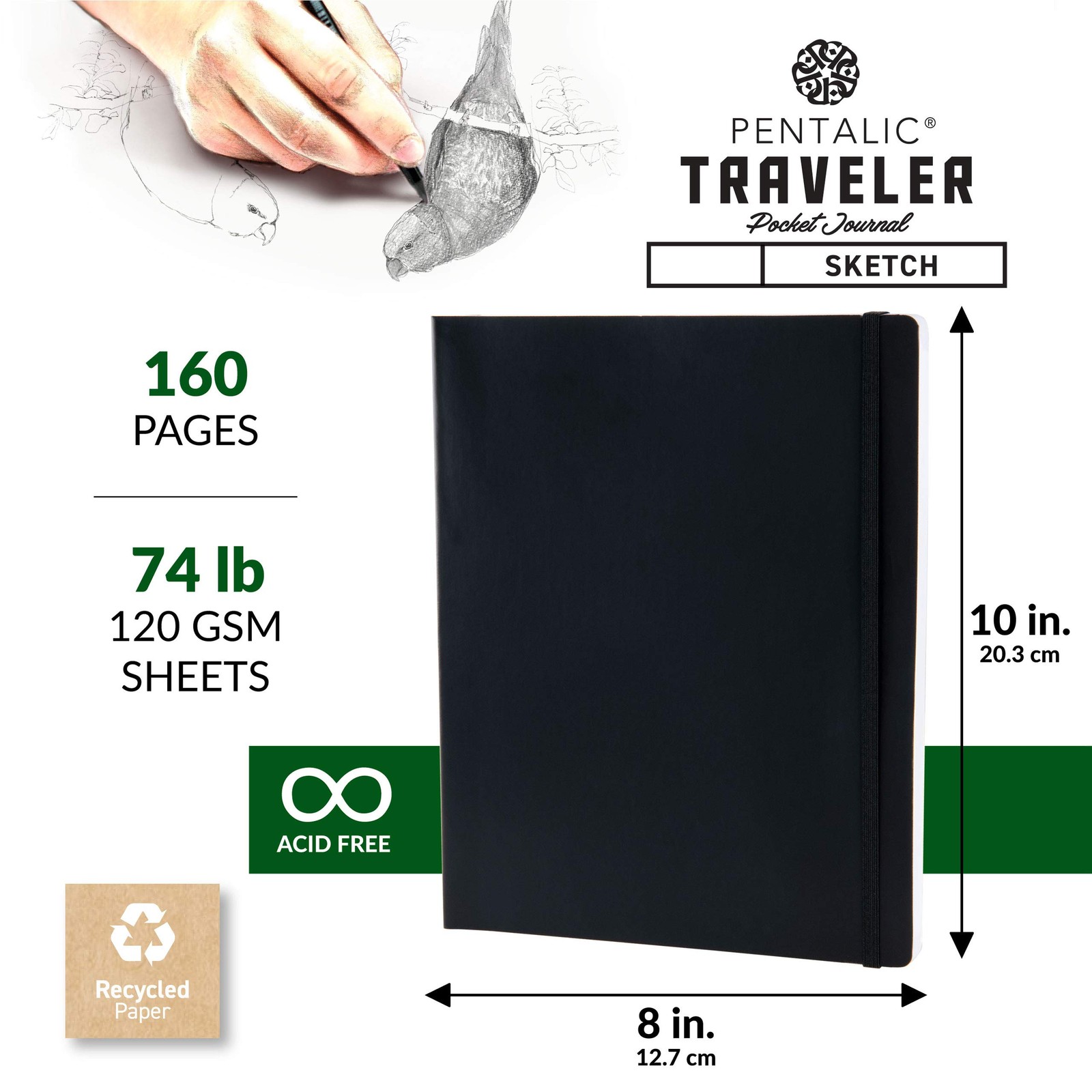 Pentalic 8″ x 10″ Pocket Sketchbook Traveler 8-inch x 10-inch, Black, Black