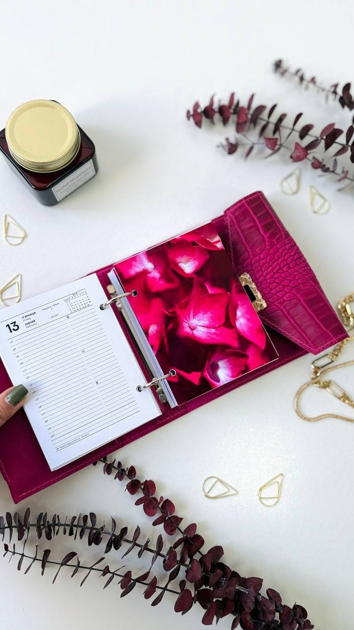 Pink leather notebook cover A7 binde rings mini wallet. Dated planner gift.