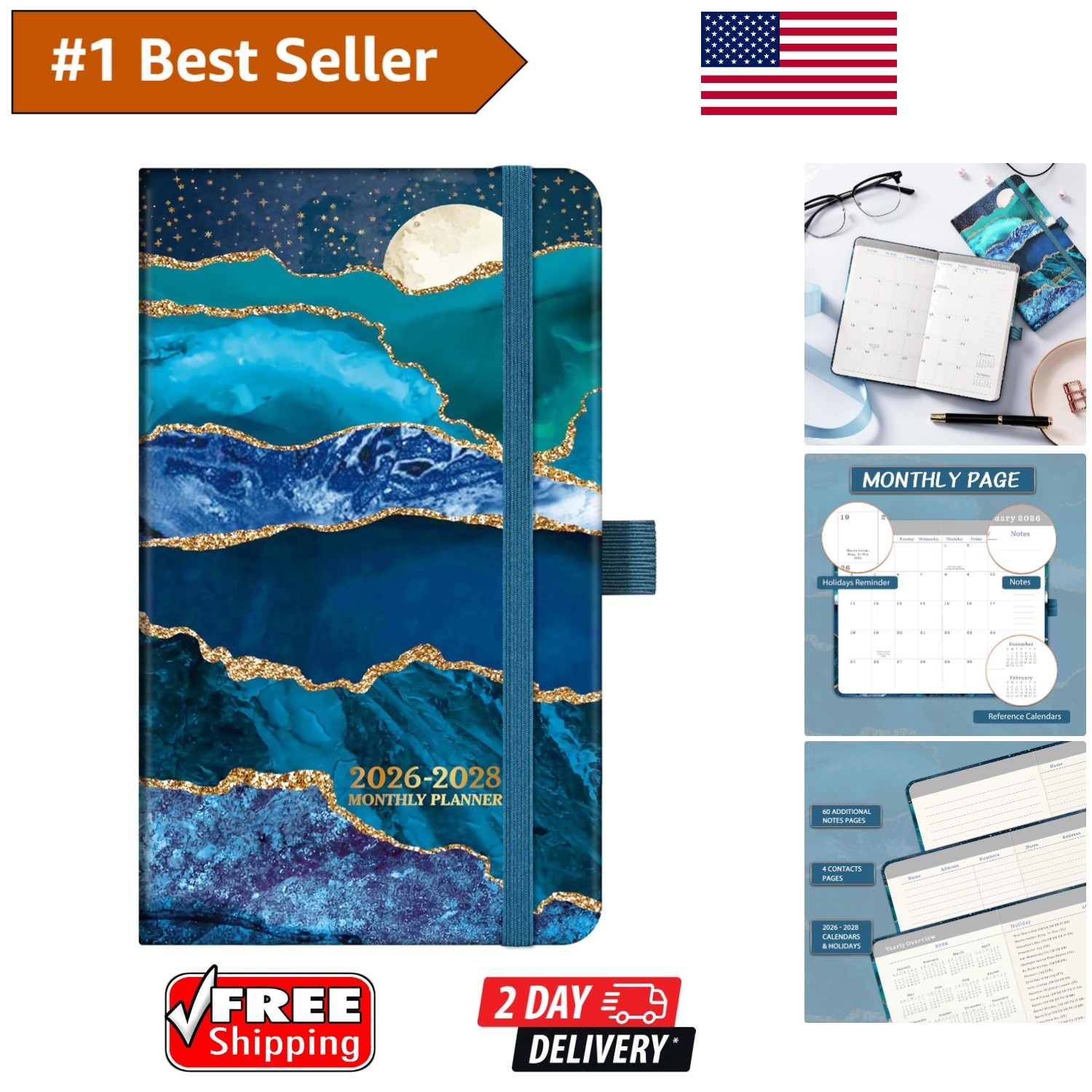 Elegant 3- Pocket Planner 2026-2028 – Compact Monthly Organizer 6.4″ x 3.8″
