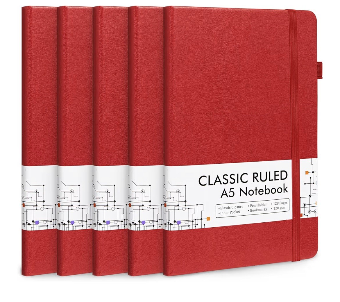 Feela Classic Ruled A5 Notebook with Pens 5 Pack Notebook Set Red