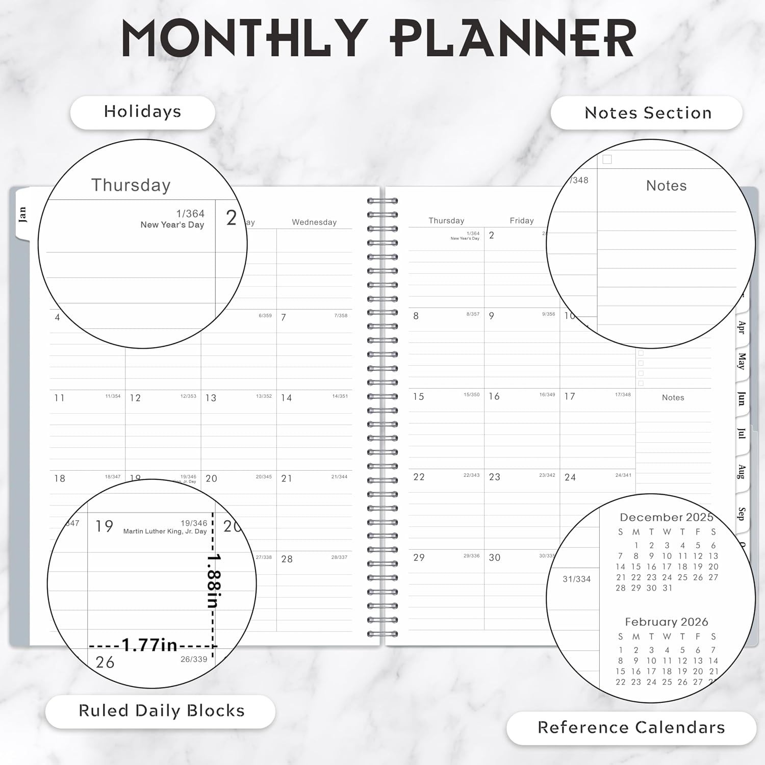 Comprehensive 2026 Planner – Gray, 9″ x 11″ with Easy Access Tabs & Pocket