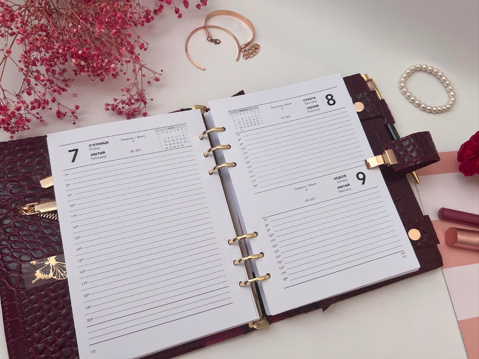 Burgundy Leather notebook cover A5 big binder 6 rings. Dated 2026 Planner.