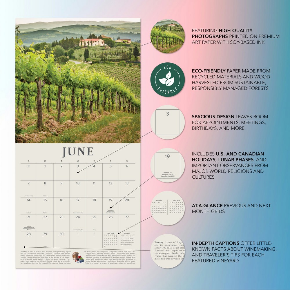 Wine Country Calendar 2026 | 12″ x 24″ 12 Month Calendar | Marble City Press