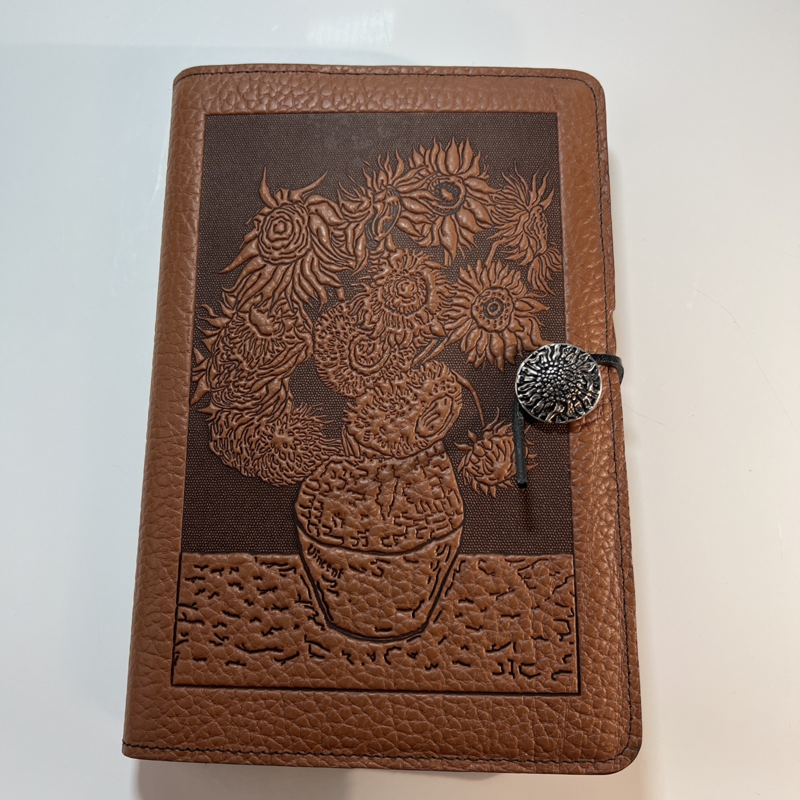 Oberon Design Brown Leather Journal Notebook Large 6×9 Refillable Sunflowers NWT
