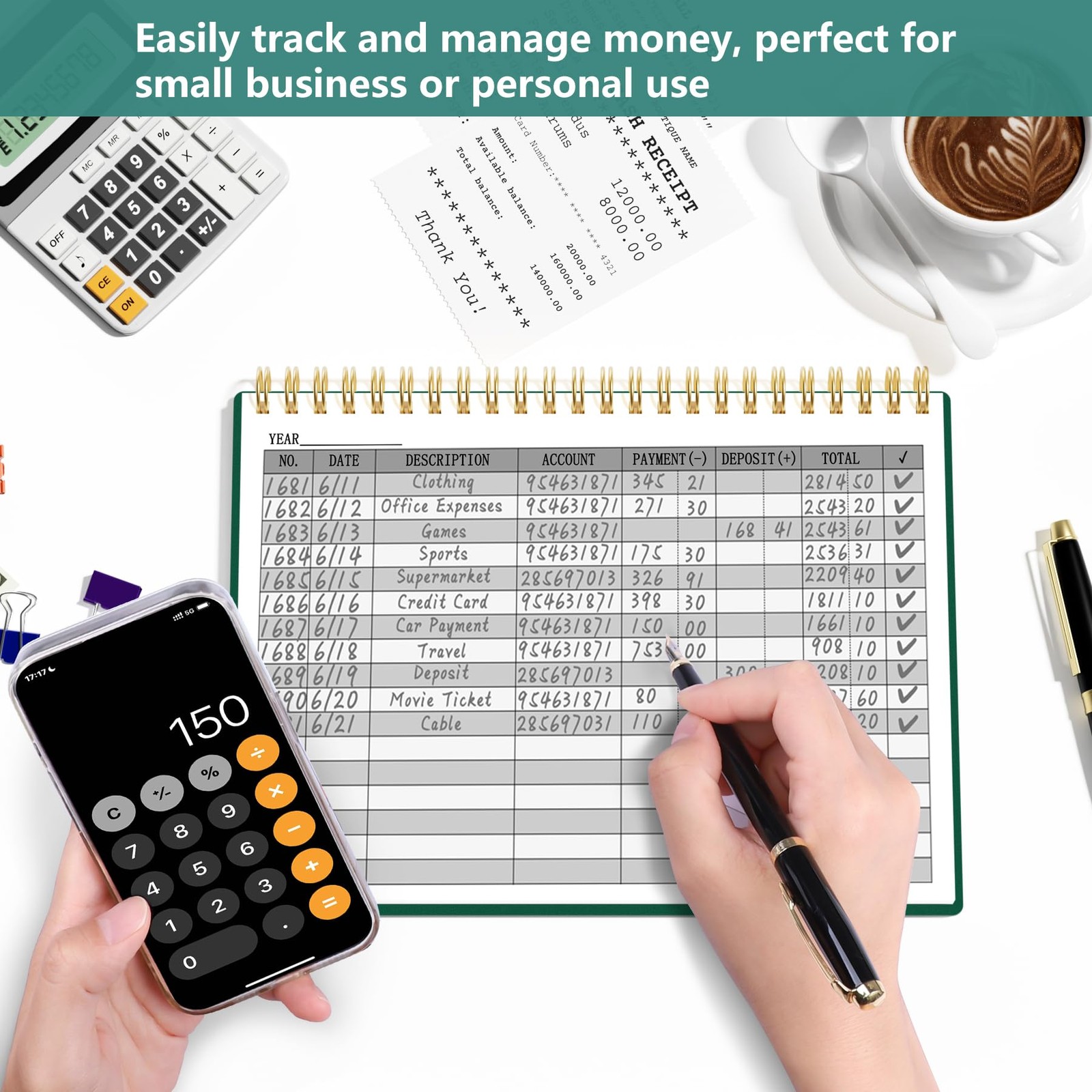 HAUTOCO Accounting Ledger Book A5 Horizontal Books for Dark Green