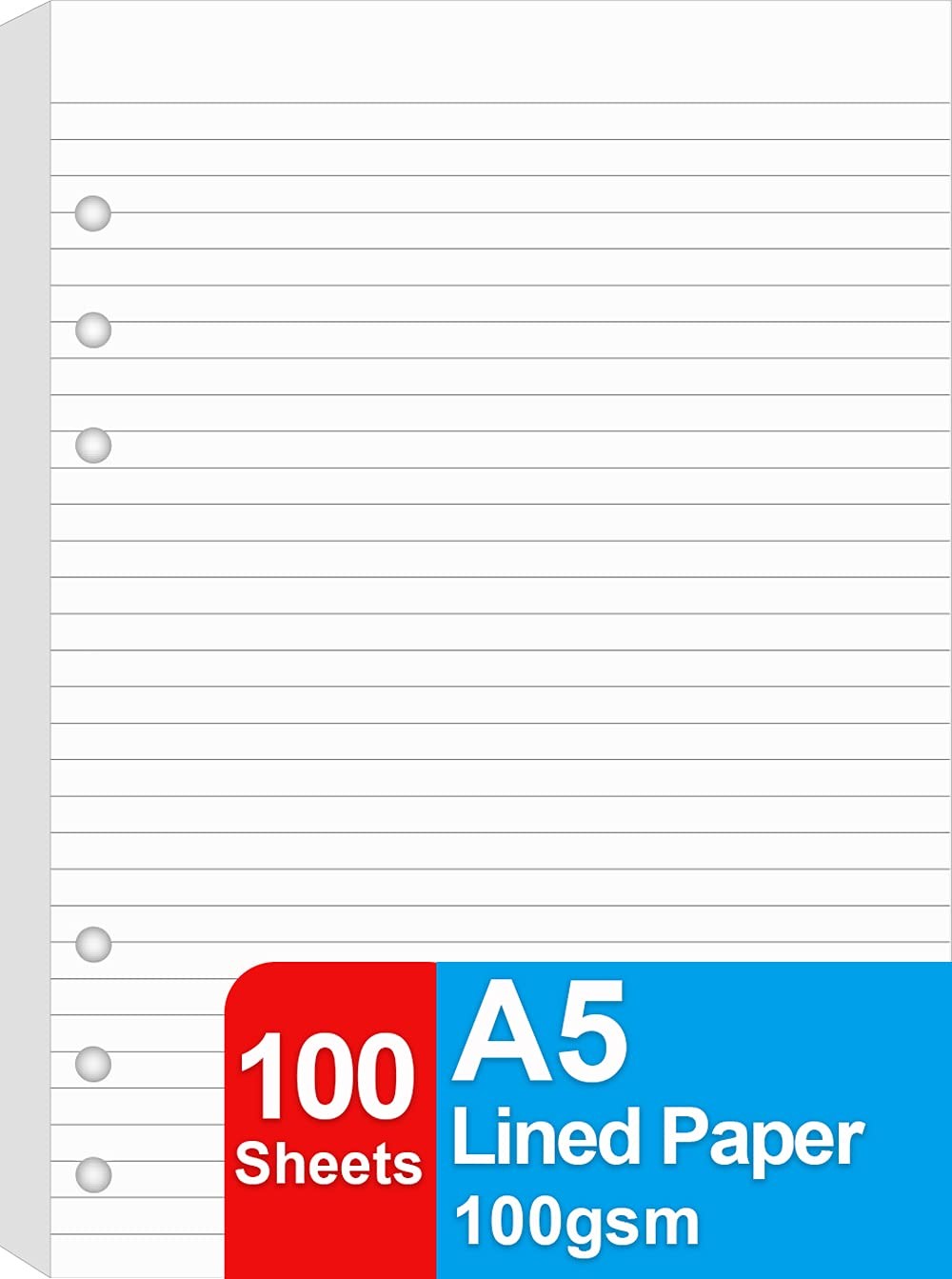 A5 Lined Paper Refill, 6 Holes Punched, 100 Sheets/200 100 Sheets, White