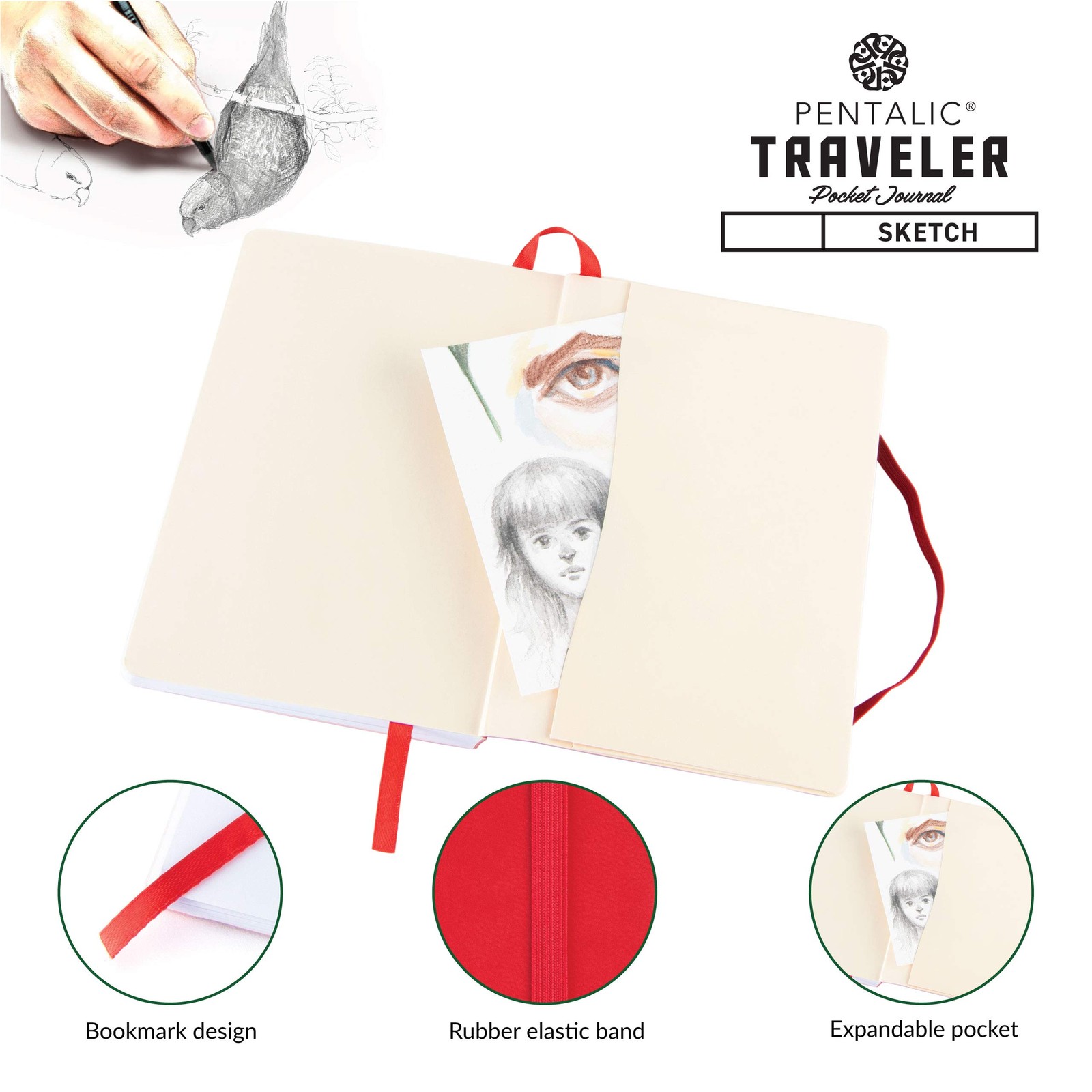 Pentalic 4″ x 6″ Pocket Sketchbook Traveler 4-inch x 6-inch, Red, Red