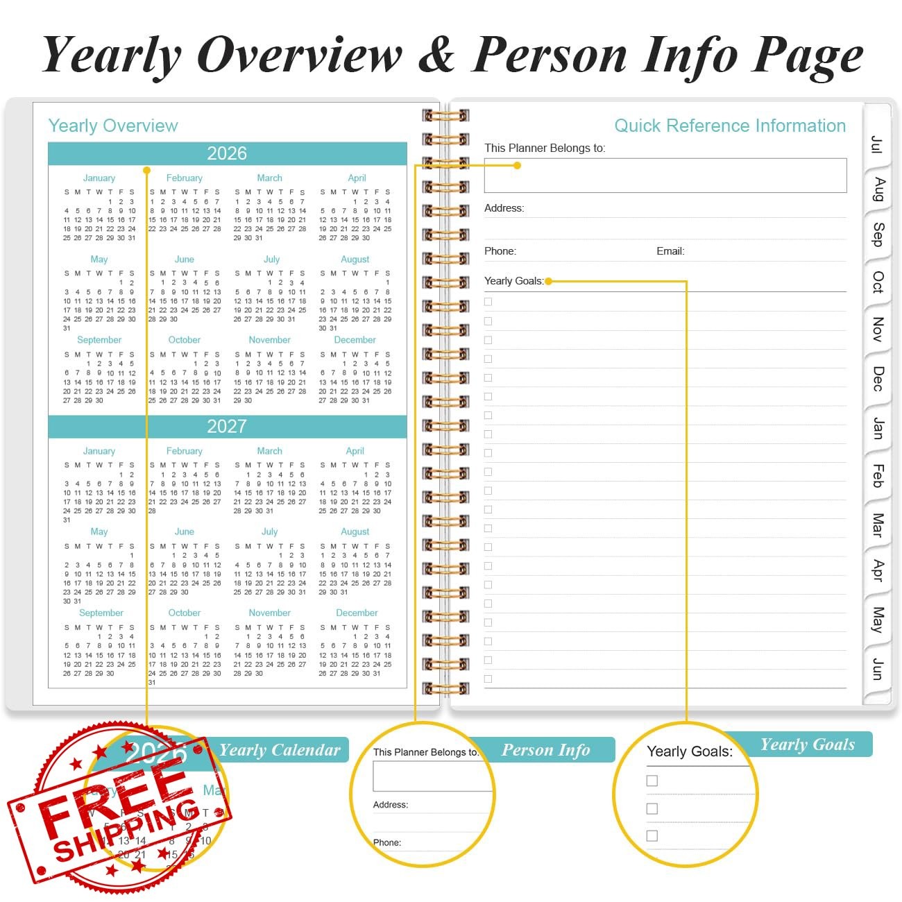 Yaridar 6.4″x8.5″ Black Flowers Planner 26-27