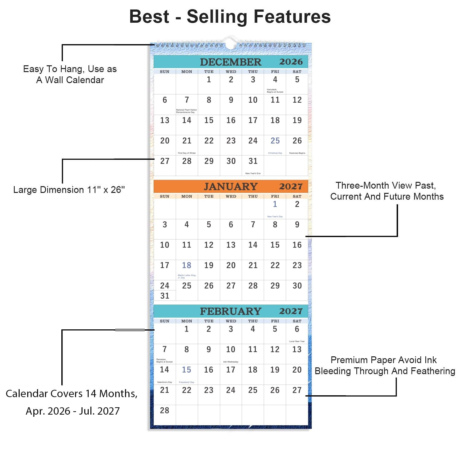 2026-2027 Wall Calendar – April 2026 – July 2027, 3-Month Large, White