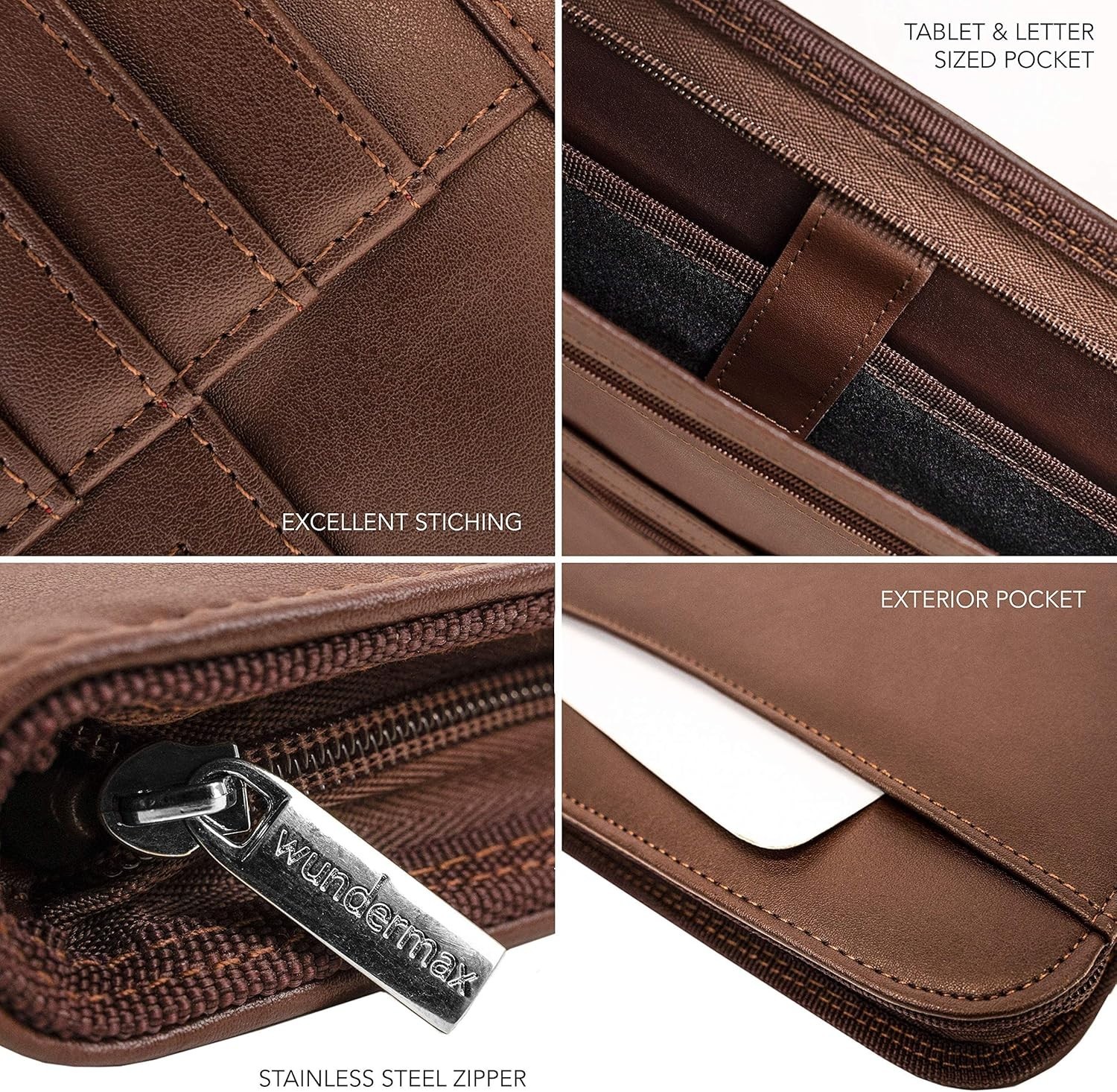 Wundermax Vegan Leather Portfolio Zipper Padfolio Organizer Notepad Tablet Brown