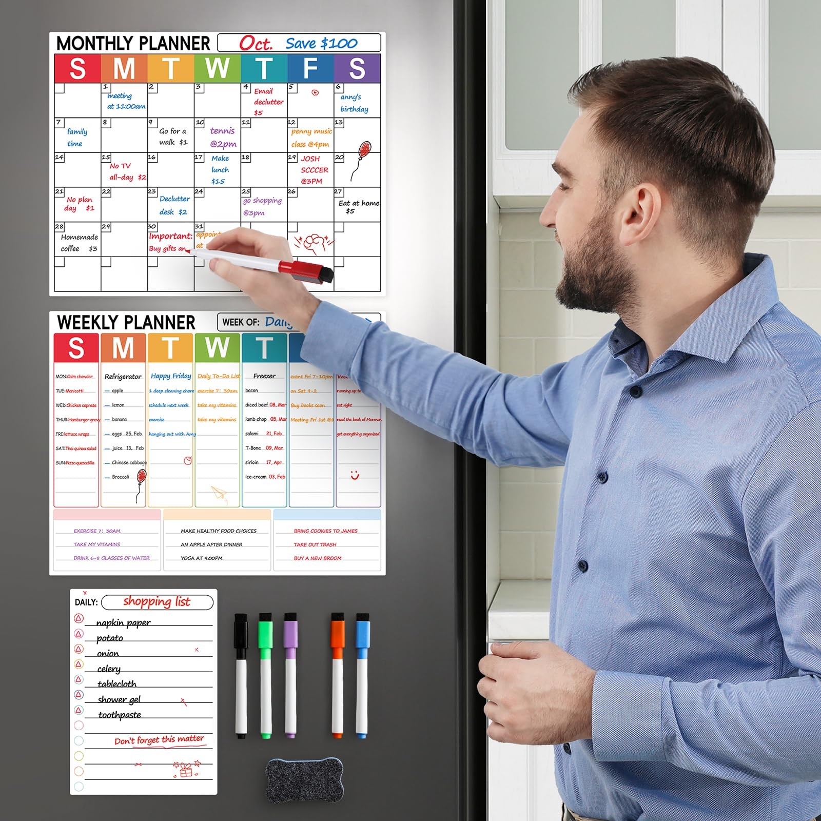 3 Pack Dry Erase Magnetic Calendar for Monthly & Weekly & Daily – Colorful