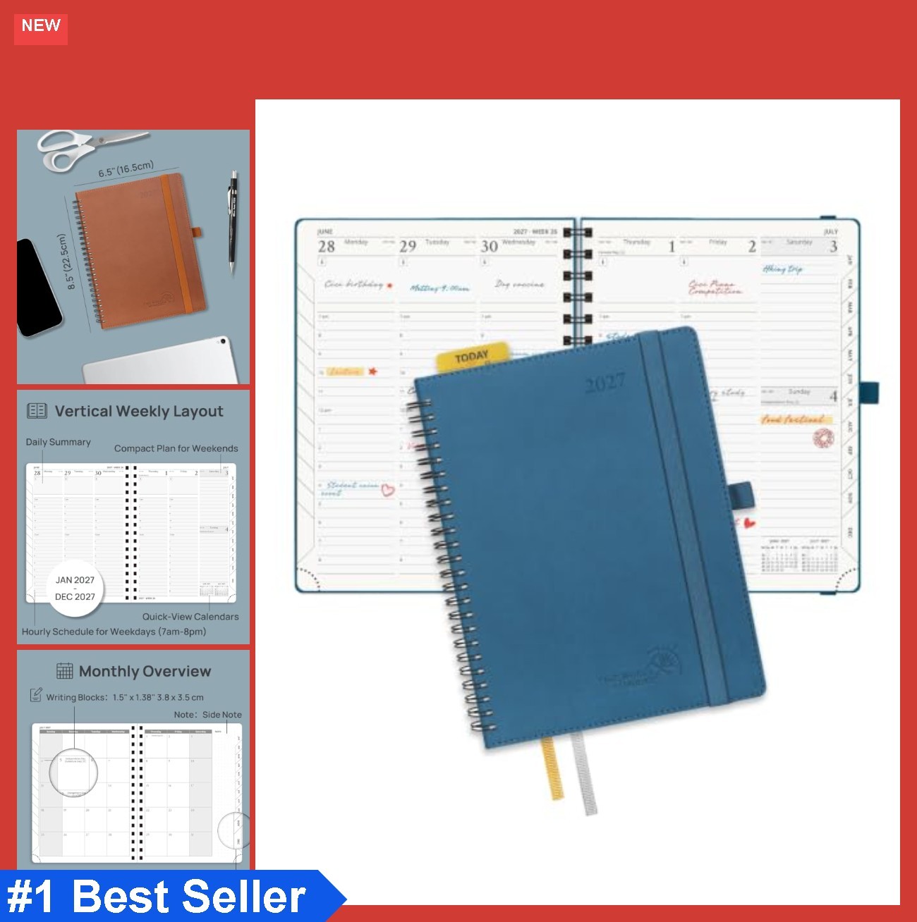 Weekly Monthly Planner 2027 6.5 x 8.5 Hourly Time Slots Spiral Leather Cover
