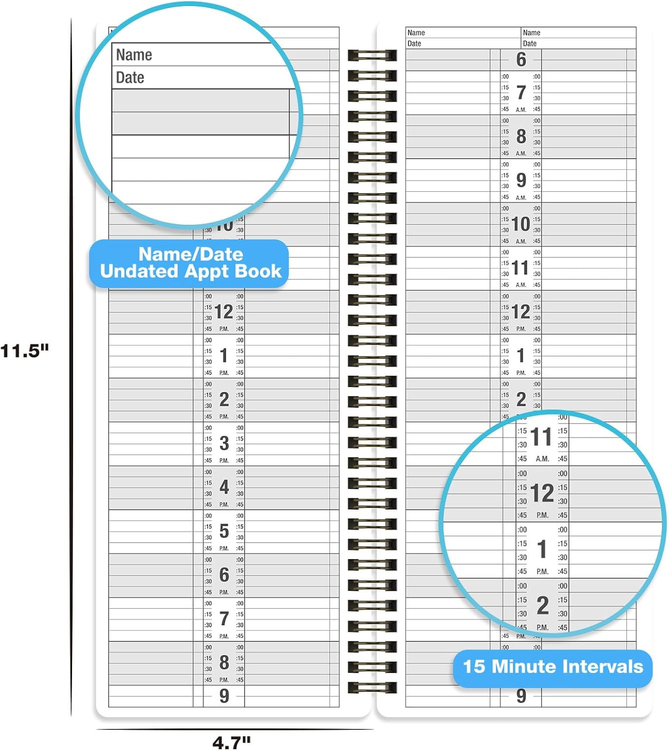 Salon Appointment Book – 11.5″ X 4.7″, 2 Columns, Undated, 6 AM – 9 PM, Professi