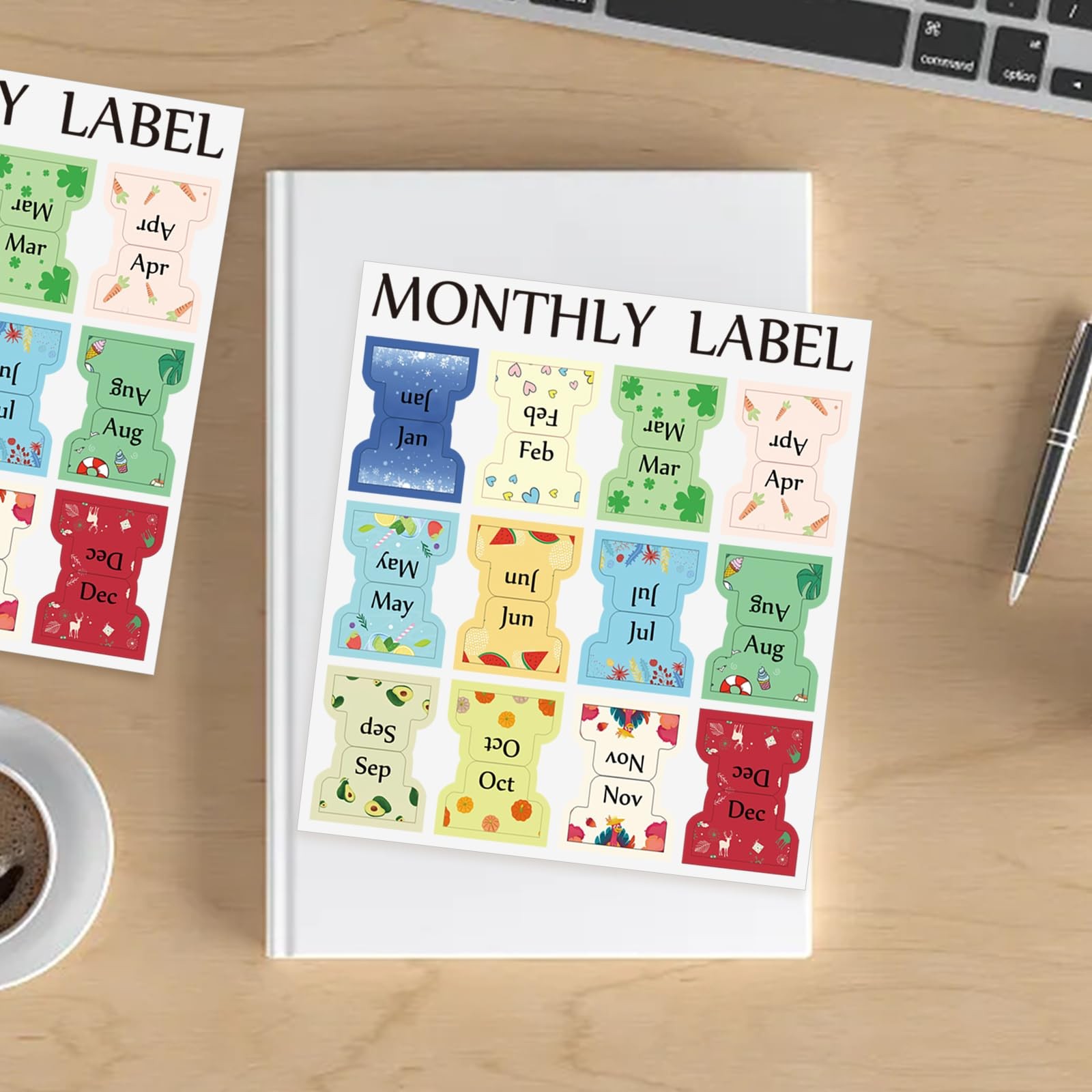 2 Sheets Colorful Monthly Adhesive Tabs, 24 Pcs Monthly Divider Tabs, 1-12 Mo
