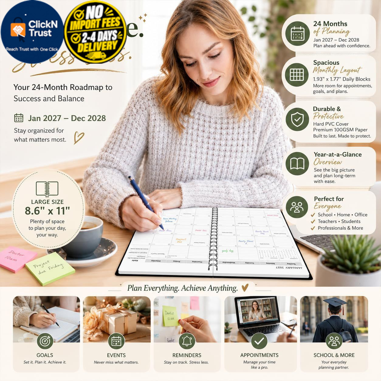 2027-2028 Monthly Planner, Jan 2027-Dec 2028, A4 2027 – Dec Black