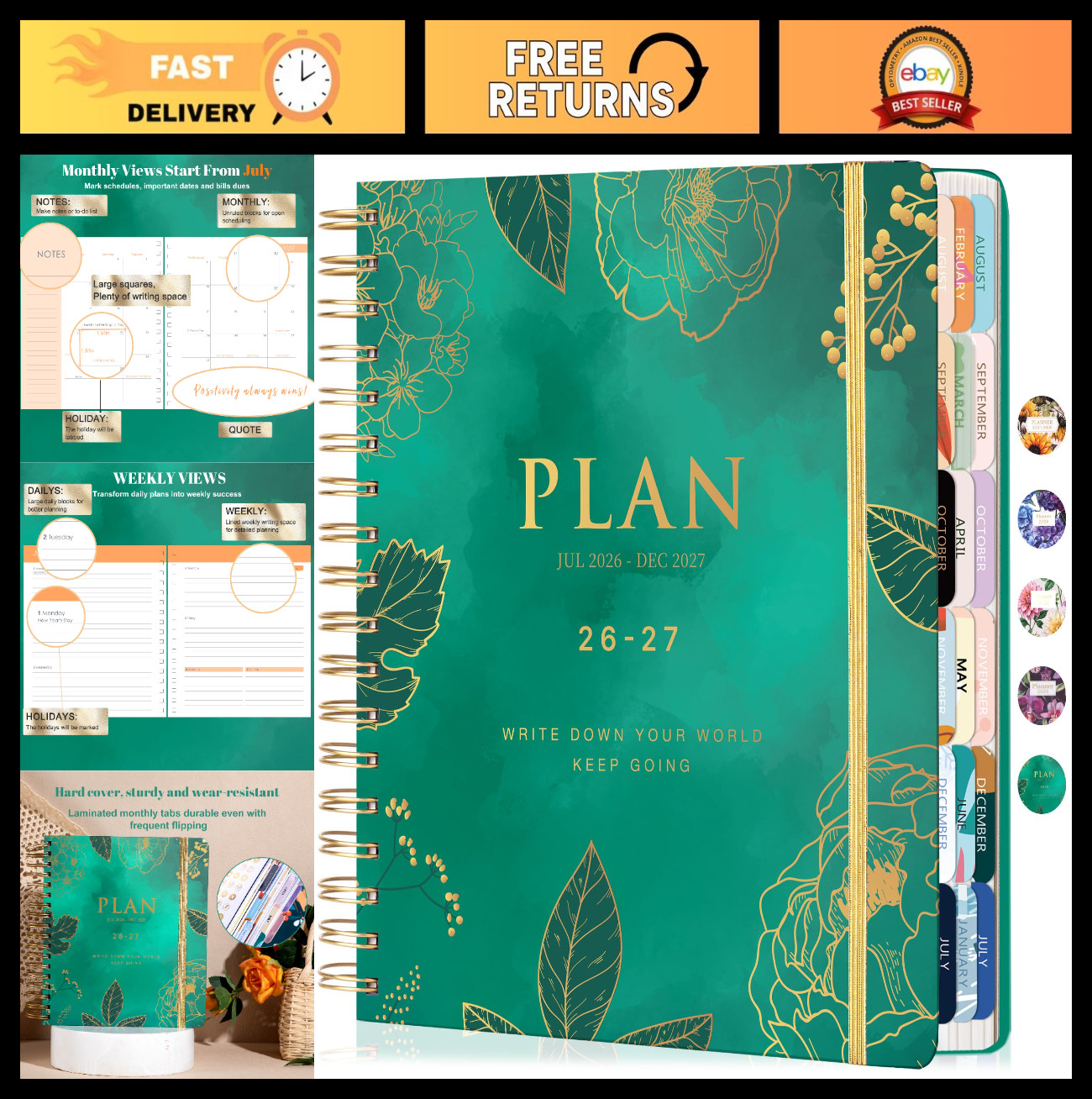 18-Month Academic Planner July 2026 – Dec 2027, Floral Hardcover Organizer, Week