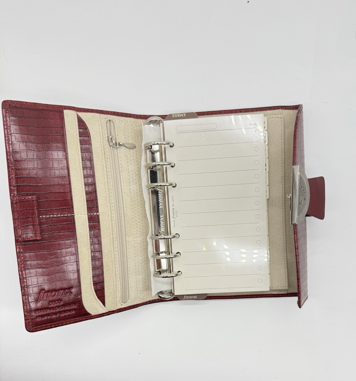 Filofax Ruby red Deco Personal size planner Organizer Italian Leather Croc. Embo