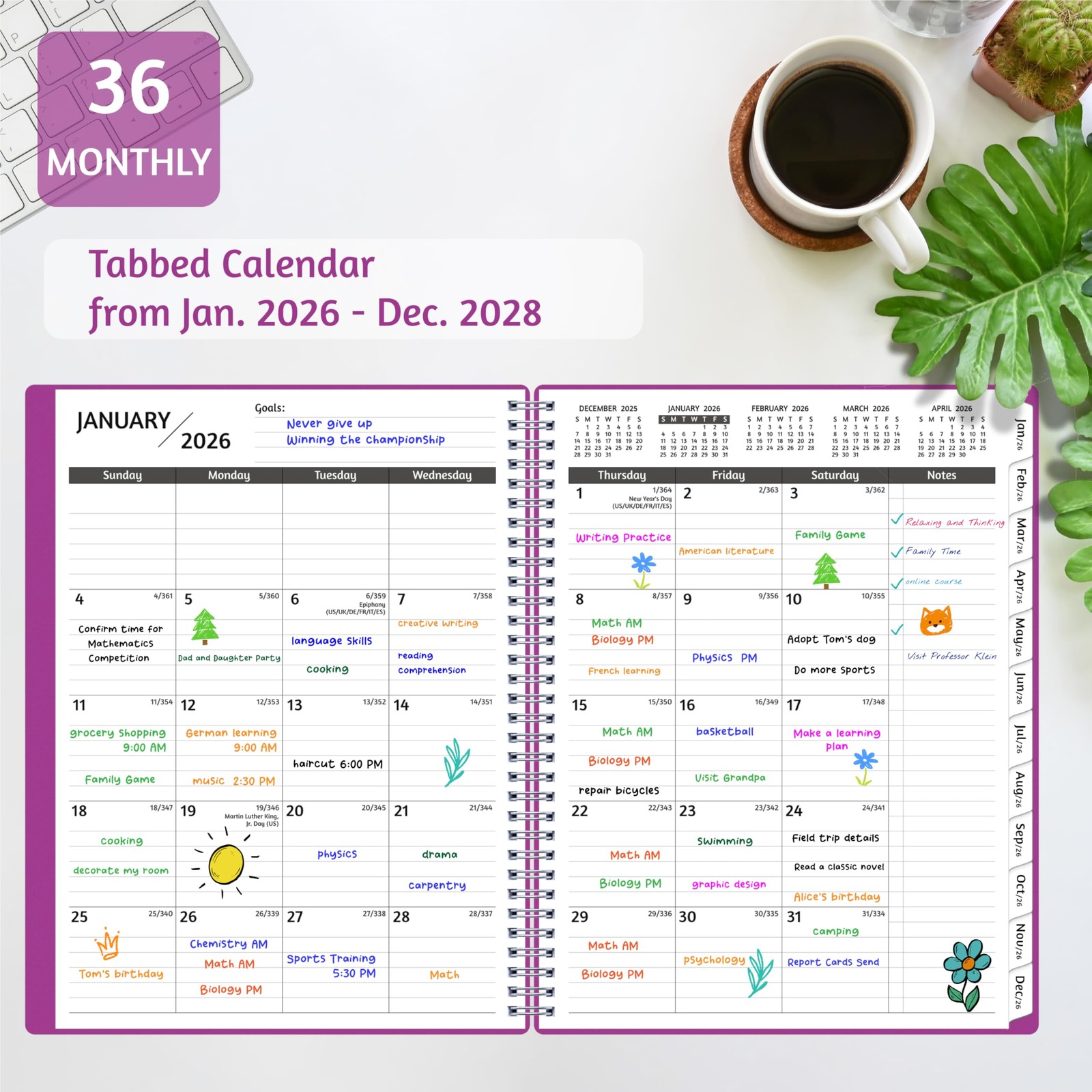 Monthly Planner 2026-2028, 36 Months Calendar Letter, Purple